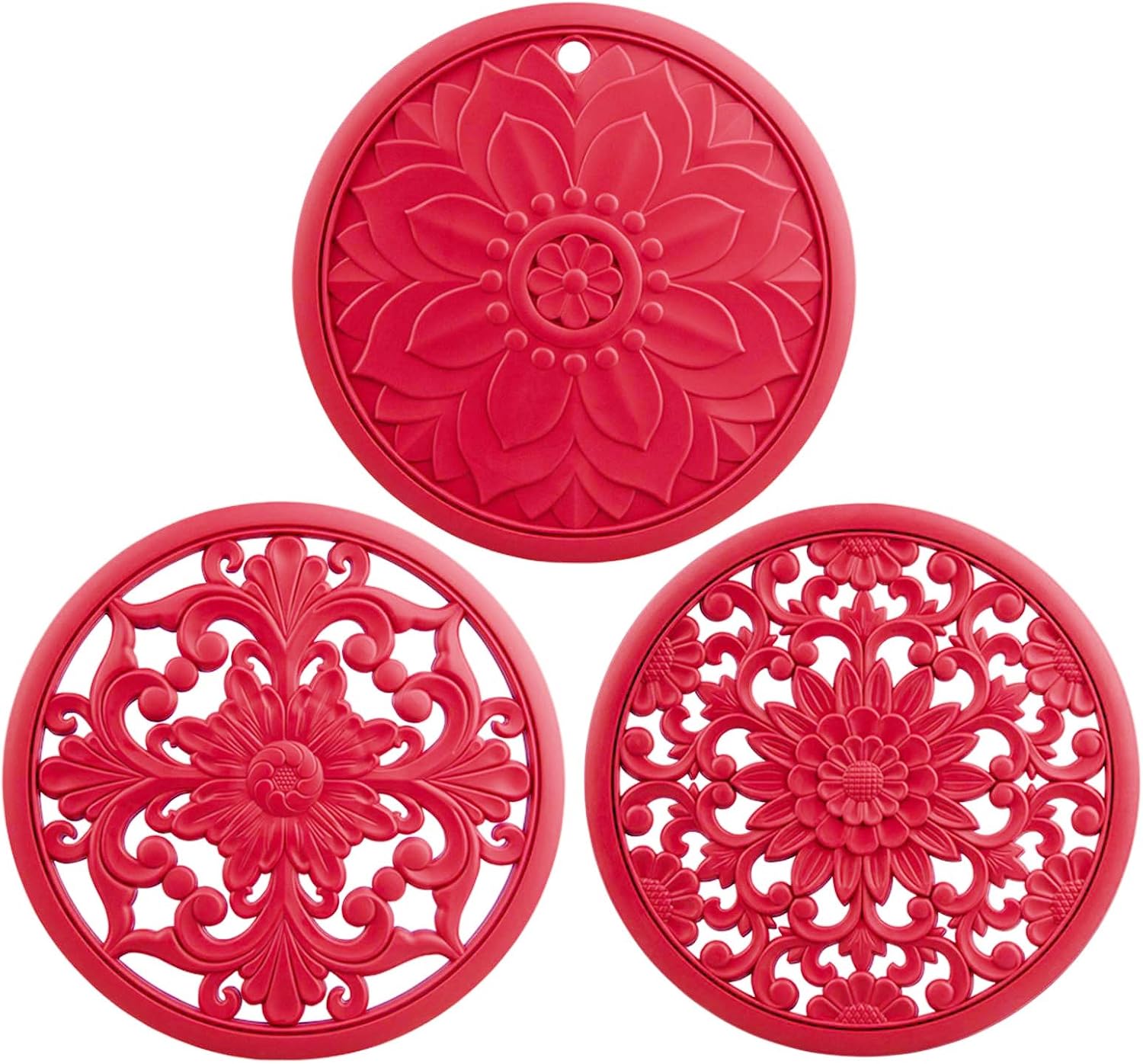 Silicone Trivets for Hot Dishes, Pots & Pans, Multi-use Heat Resistant Mat for Countertops & Tabletop, Hot Pads for Kitchen, Round Trivet Mat for Table, Pot Holders Set of 3 Color Burgundy