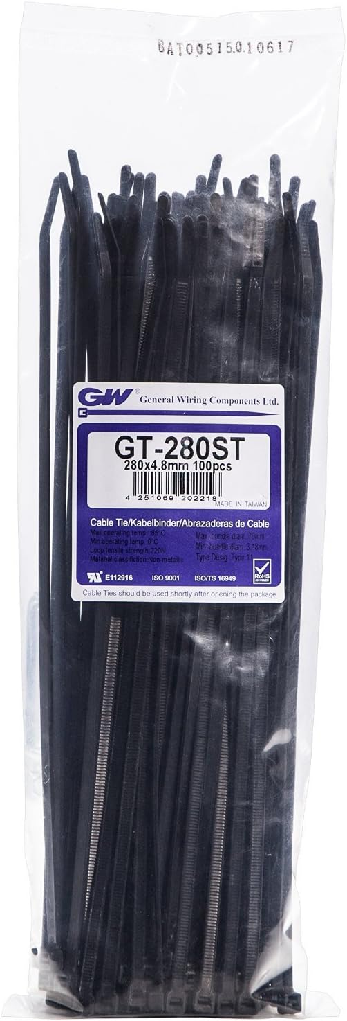 GW Wiring Products, Cable Tie 280 x 4,8 mm, Black, 100 pcs, GT-280STBC, Set of 100 Pieces