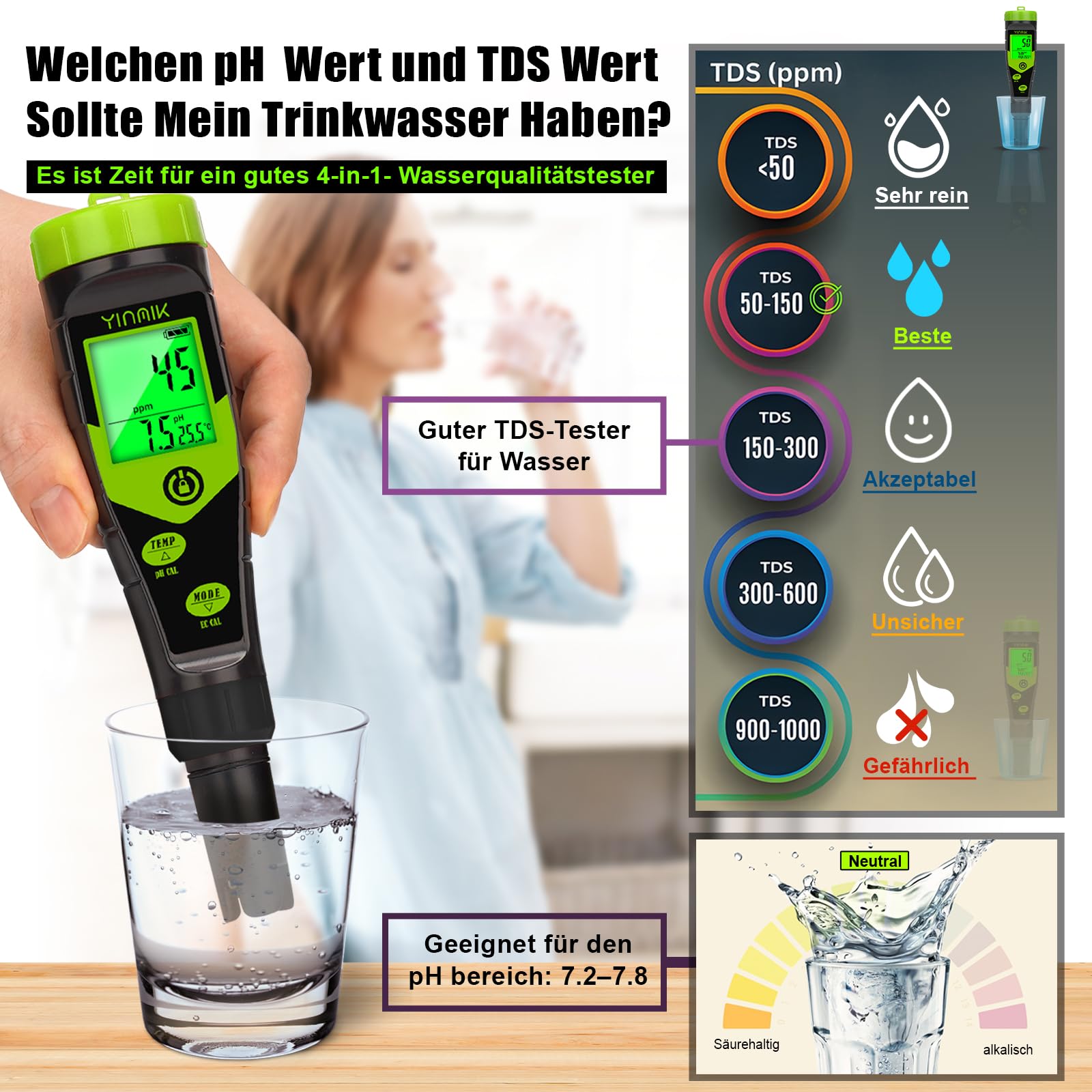 YINMIK pH EC Messgerät Pool pH Tester 4 in 1 Leitfähigkeitsmessgerät PPM Tester Gleichzeitige Messung von pH, EC, Temperatur und TDS für Wasser, Aquarium, Bierherstellung, Hydroponik