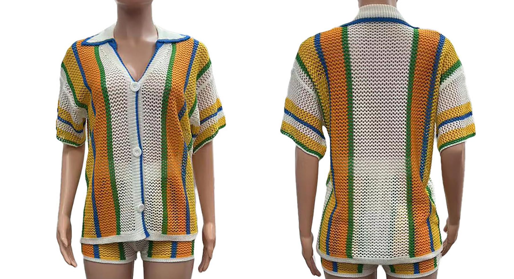 Unybwoon - Set di 2 pezzi da donna in maglia estiva con bottoni e pantaloncini trasparenti