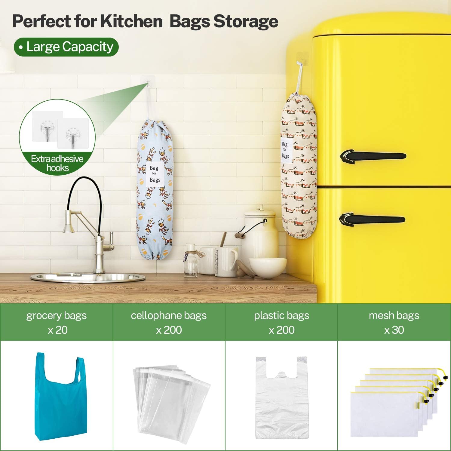 Plastic Bag Holder for Grocery Bags, 23"x9", Extra Large, Magicfly Hanging Plastic Bag Dispenser, Bag Holder for Plastic Bags, Puppies-and-kitties, Set of 2