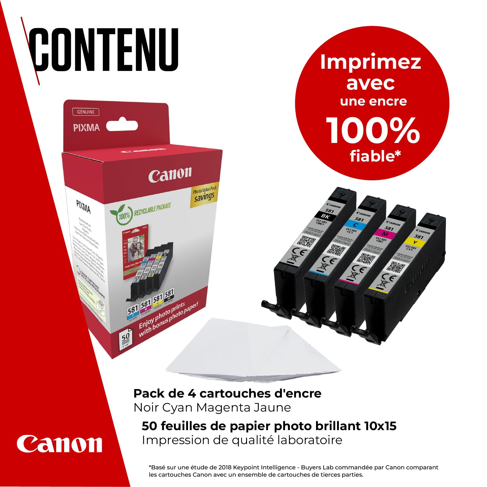 Canon CLI-581 C M Y BK Value Pack de 4 Cartouches (Noir Cyan Magenta Jaune) +50 Feuilles Papier Photo 10x15cm Certifié (Carton Recyclable 2024)