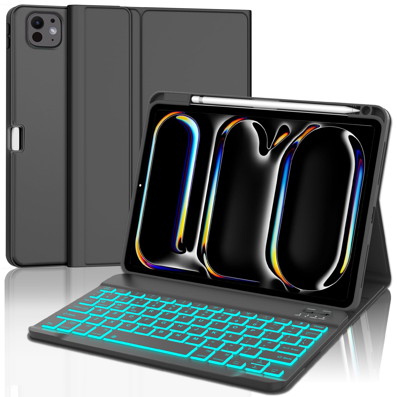 iPad Pro M4 11 inch Case with Keyboard, Detachable Wireless Keyboard, Slim Smart Folio Cover with Pencil Holder for iPad Pro 11'' (2024 Gen 7), 7 Colors RGB Backlight, Auto Sleep/Wake, Space Black