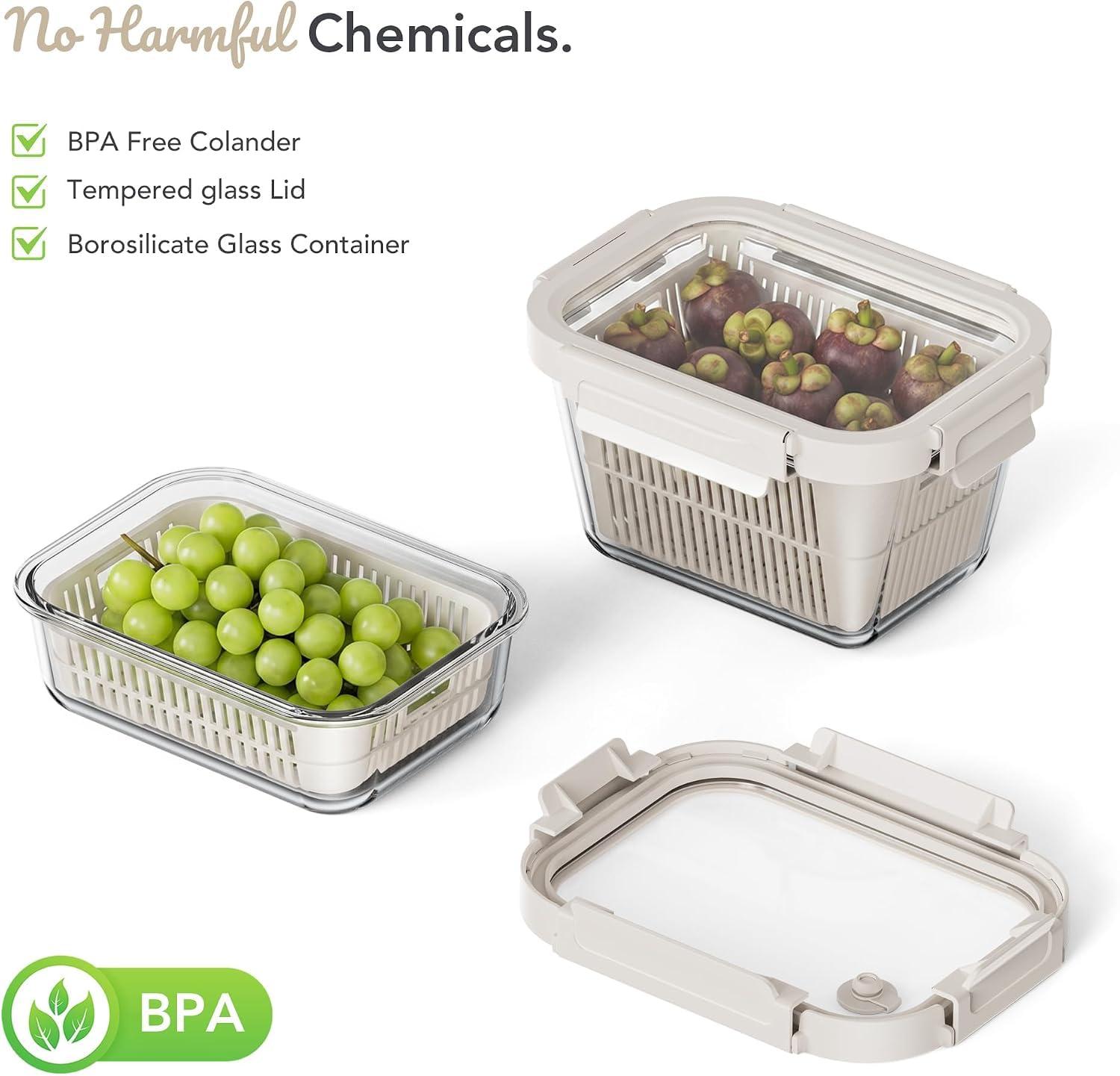 GENICOOK Récipients de conservation en verre pour réfrigérateur, 1050 ml + 1800 ml – Récipients hermétiques pour fruits et légumes avec passoires amovibles, couvercles en verre avec aération
