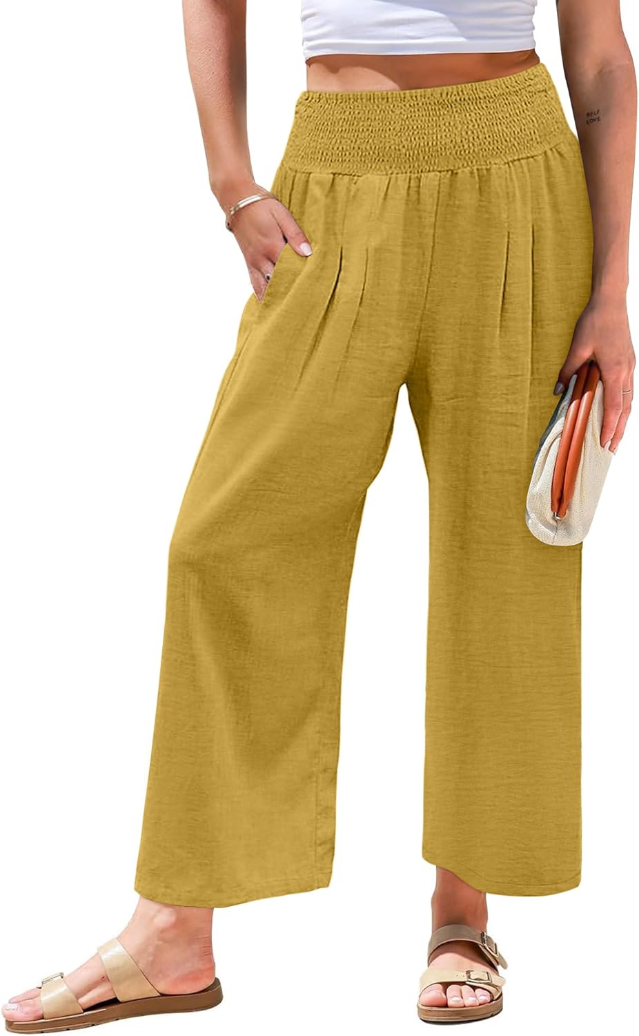 Angerella Women's Wide Leg Pants Casual High Waisted Palazzo Pants Summer Flowy Beach Lounge Trousers with Pockets