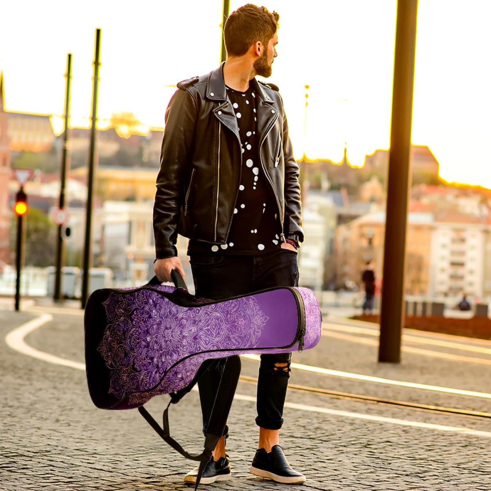 Gitarrentasche in voller Größe, 101,6 cm, 104,4 cm, 106,7 cm, Tragetasche für E-Bass, klassische Gitarre, elegantes Blattgold auf tiefem blaugrünem Hintergrund, Mehrfarbig 05, 42.9x16.9x4.7 in