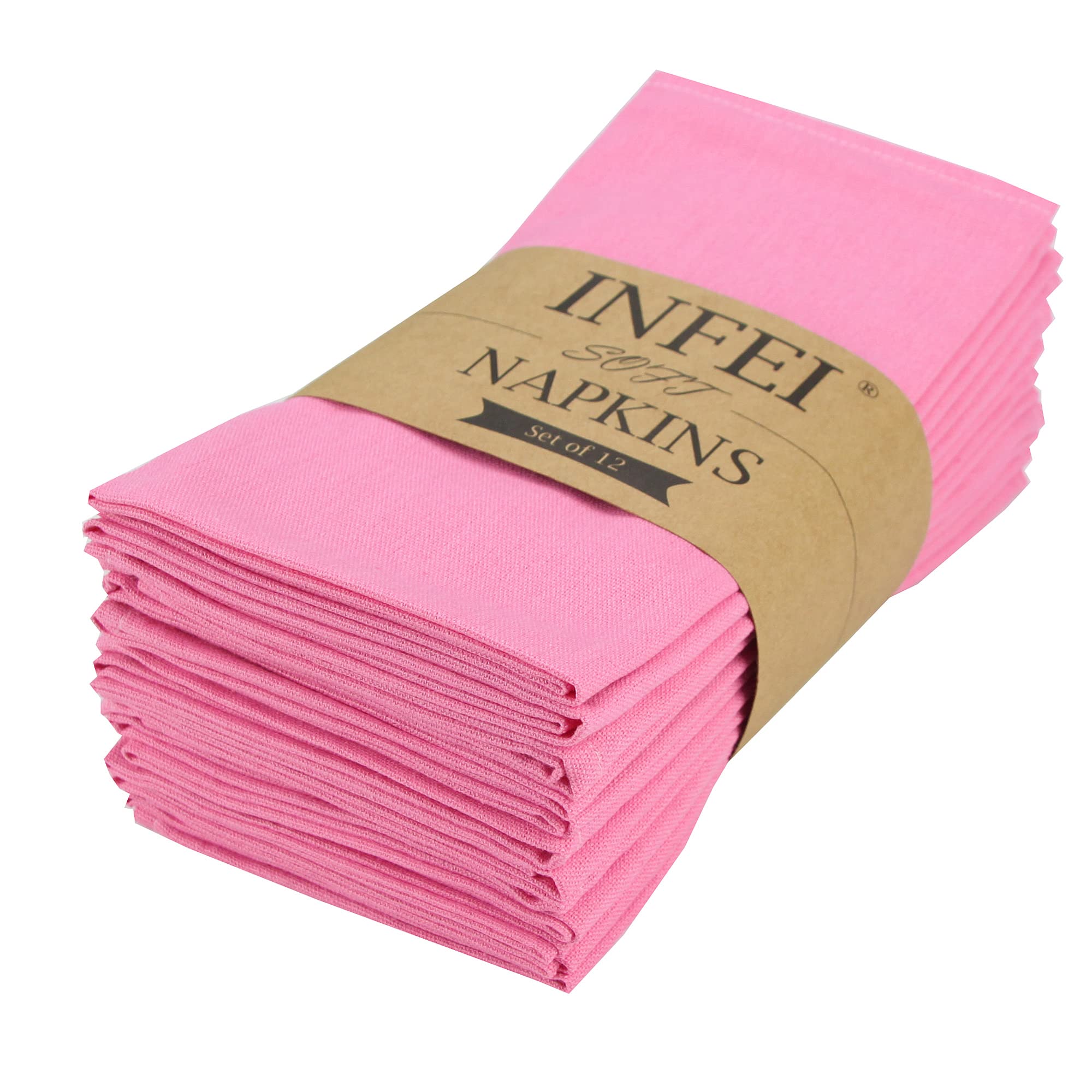 Solid Color Cotton Blended Dinner Cloth Napkins - Set of 12 (17 x 17 inches) - For Events & Home Use (Pink)