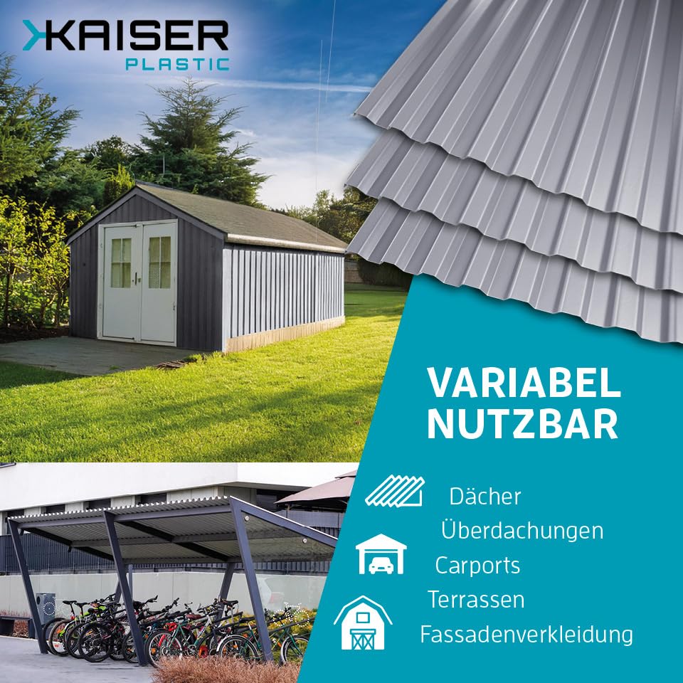 KAISER plastic® Wellplatten Grau | Wellplatten Dach, Welldach Kunststoff | Dachplatten wetterfest | Überdachung | Trapez 76/18 – 90 x 200 cm | 10 Stk.