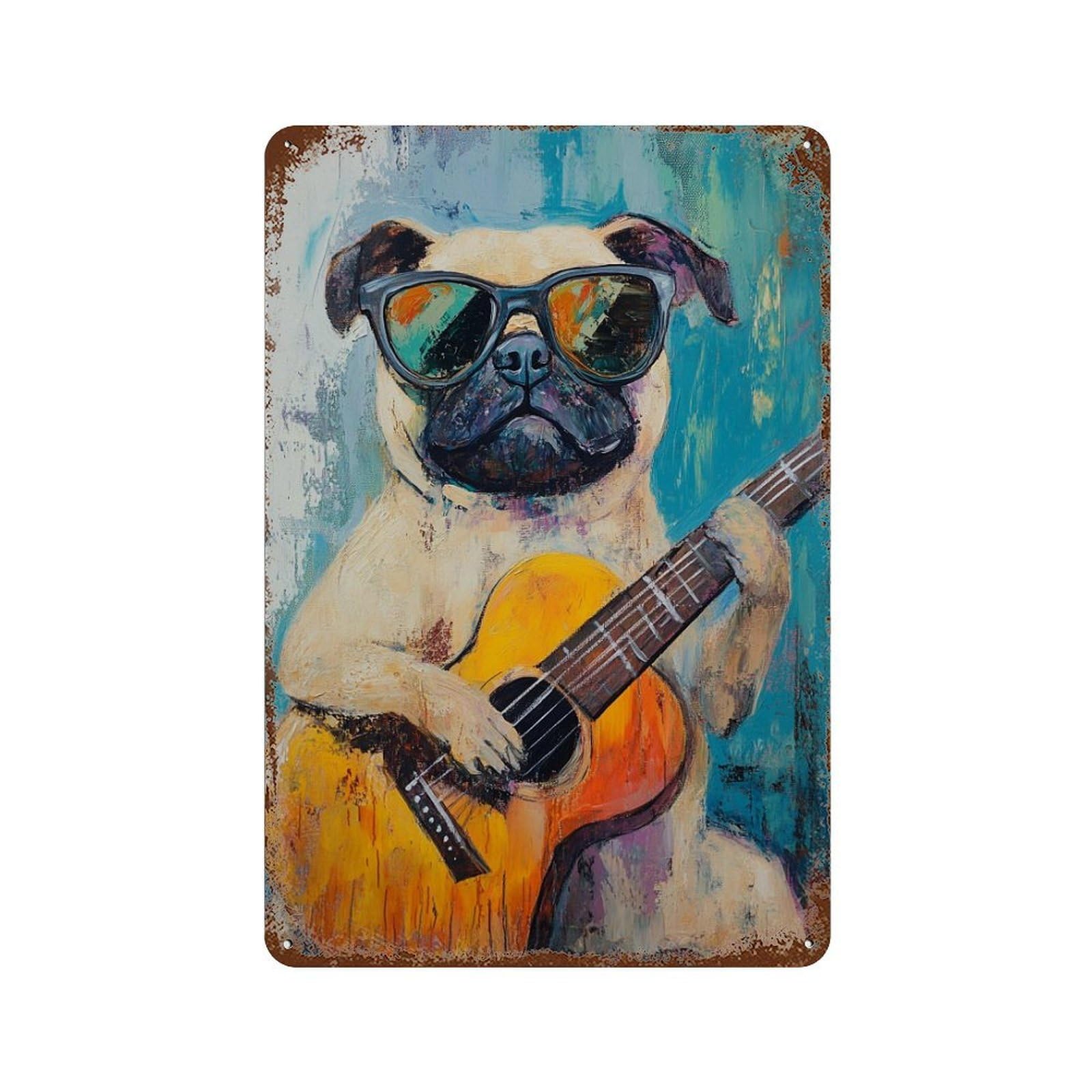 Decorative Tin Sign with Pug Playing Guitar Art Print Design 11.8"x7.9", for Basement, Hobby Room And Garage Decor, Farmhouse Wall Decor
