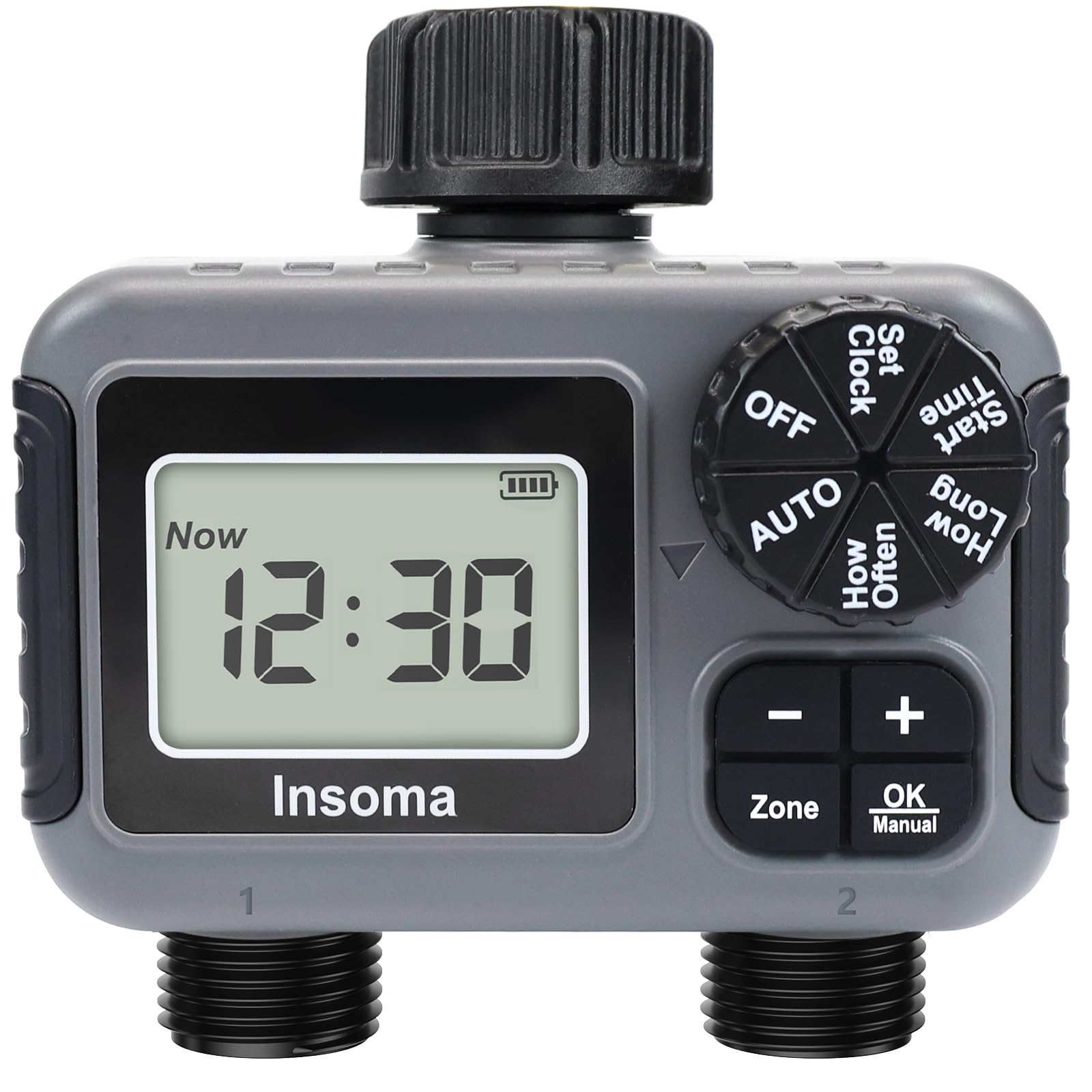 Insoma Temporizador de agua de 2 zonas, temporizador de riego programable para manguera de jardín, temporizadores de grifo de manguera al aire libre con retardo de lluvia/modos manual/automático, IPX5