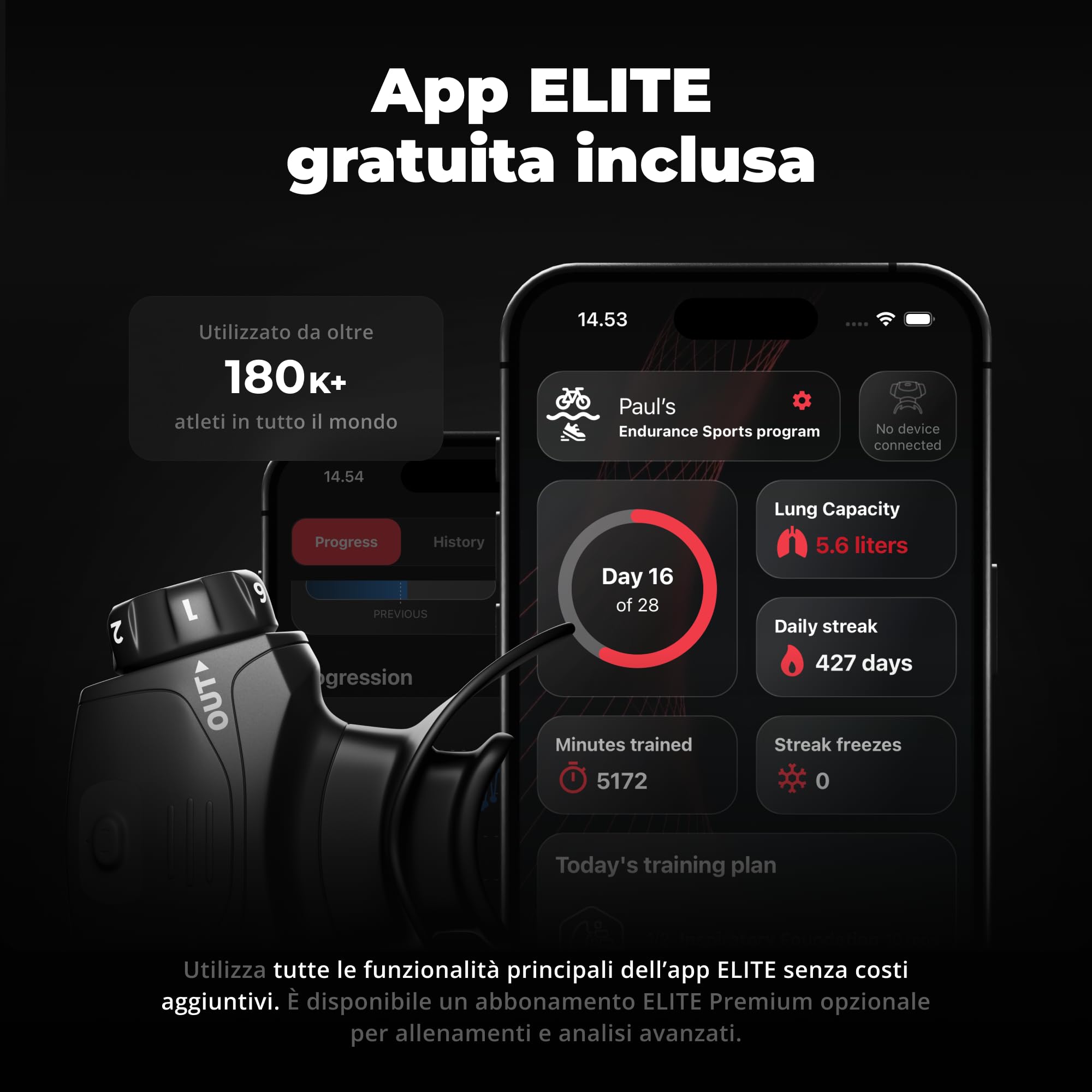Airofit Elite Allenatore Respiratorio – Resistenza Regolabile | Portatile; ruote di resistenza; allenamento respiratorio con app; casa, palestra e viaggio