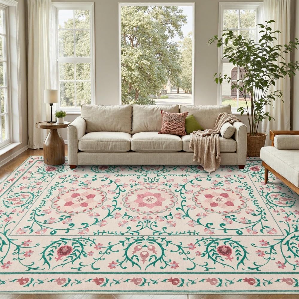 Pink Rug for Living Room Bedroom, Floral 8x10 Washable Rugs, Vintage Boho Style, Large Non Slip Flower Carpet for Indoor Dining Room,Girls/Nursery/Kids Room(Pink/Green 8x10ft)
