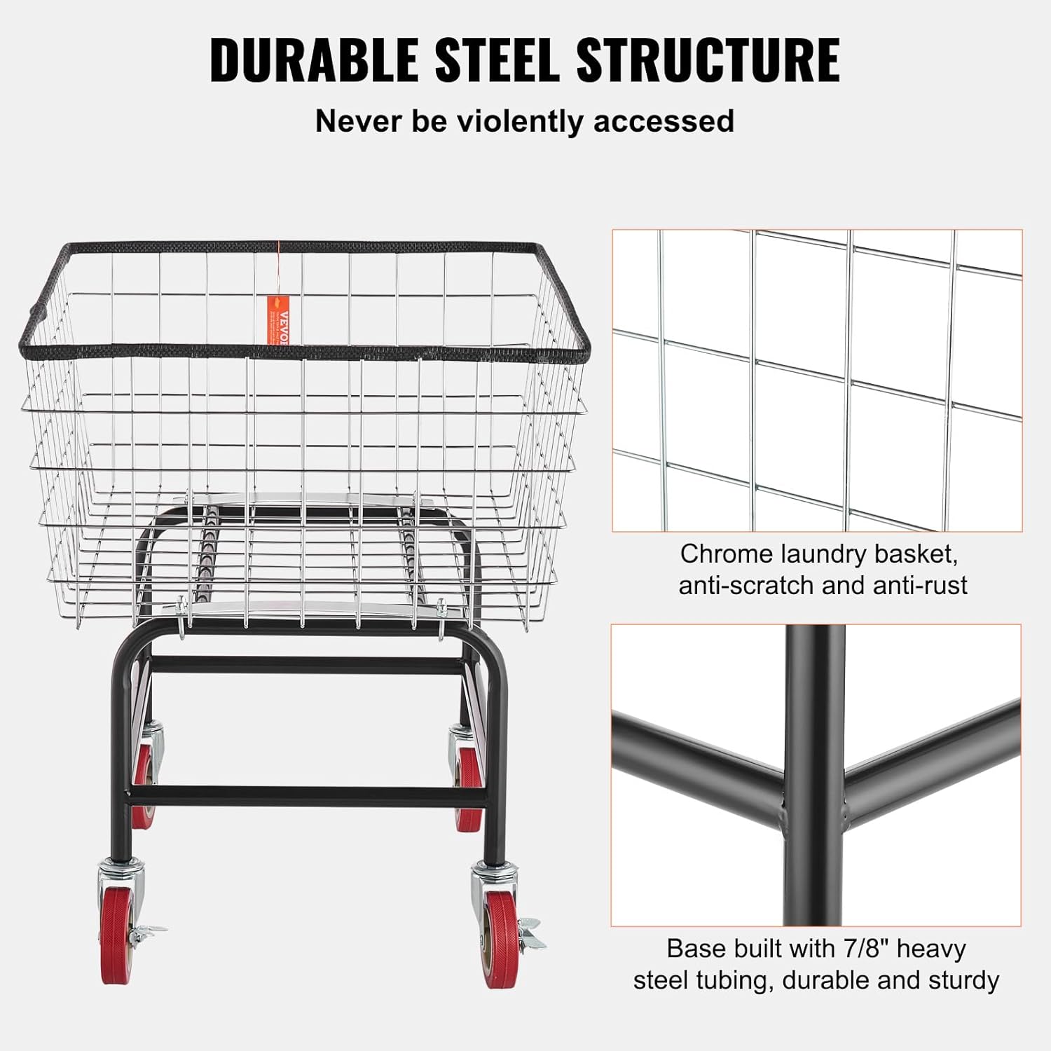 VEVOR Wire Laundry Cart, 2.8Bushel Wire Laundry Basket with Wheels, 26.7''x21.7''x26.4'' Commercial Basket Cart, Steel Frame with Chrome Finish, 4" Casters