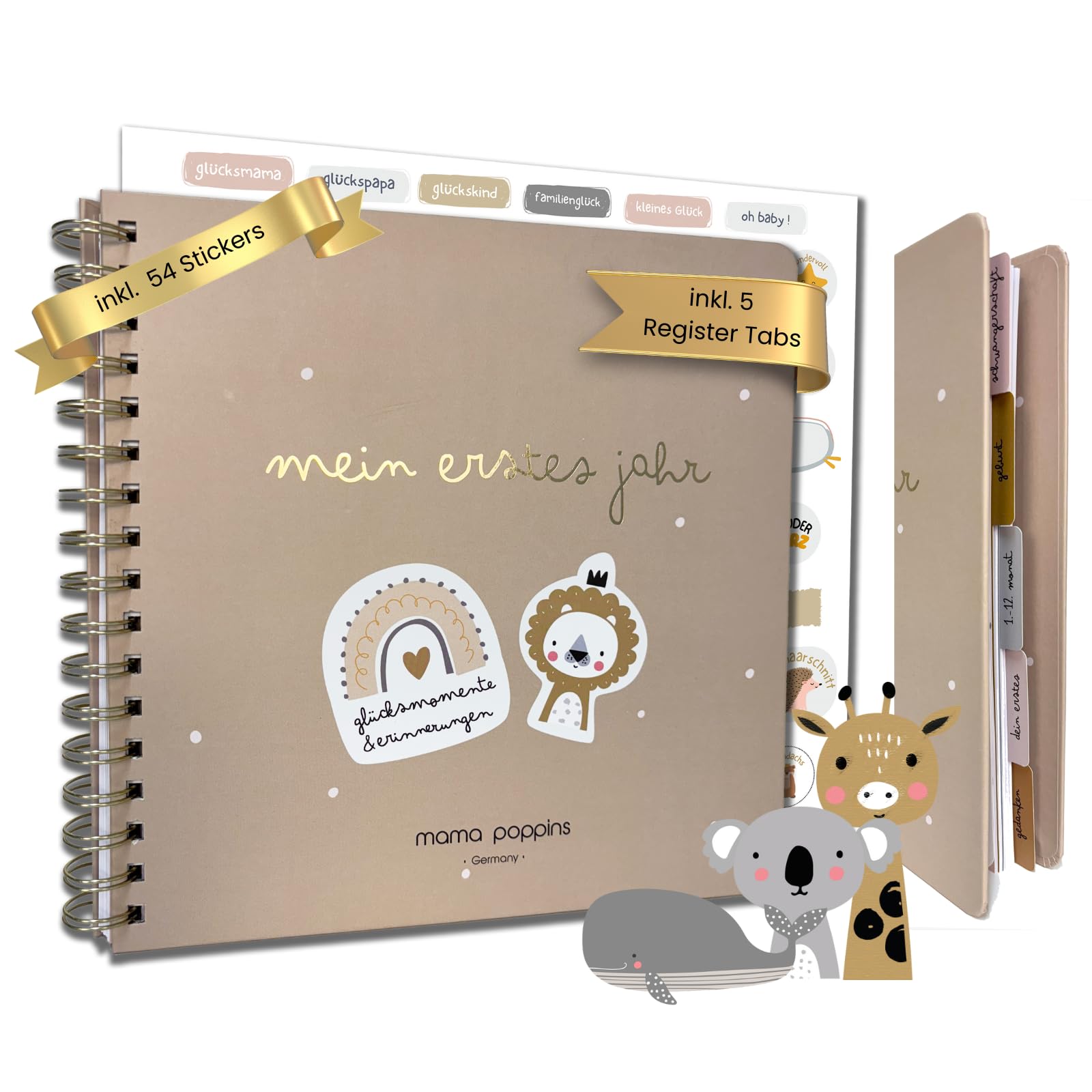 Babyalbum Mein Erstes Jahr, Erinnerungsbuch zum Ausfüllen, Babytagebuch mit 5 Register-Trennblättern und 54 Stickers