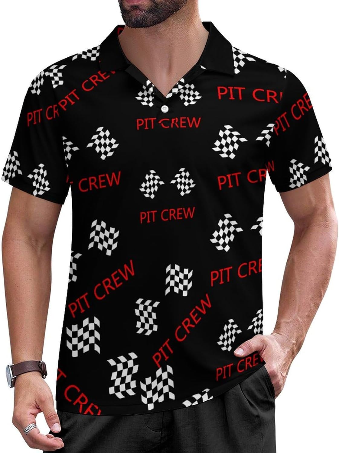 Racing Car Pit Crew Checkered Flag Men's Polo Shirts Short Sleeve Slim Fit Collared Golf Shirt Casual Tops T Shirts