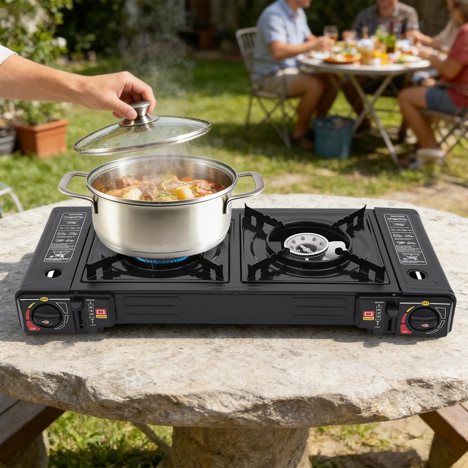 Fornello da Campeggio 2 Fuochi 2,5 kW, Fornello a Gas 2 Fuochi con borsa portatile, per butano/GPL, Accensione Piezoelettrica, per camper, appartamenti, Esterno