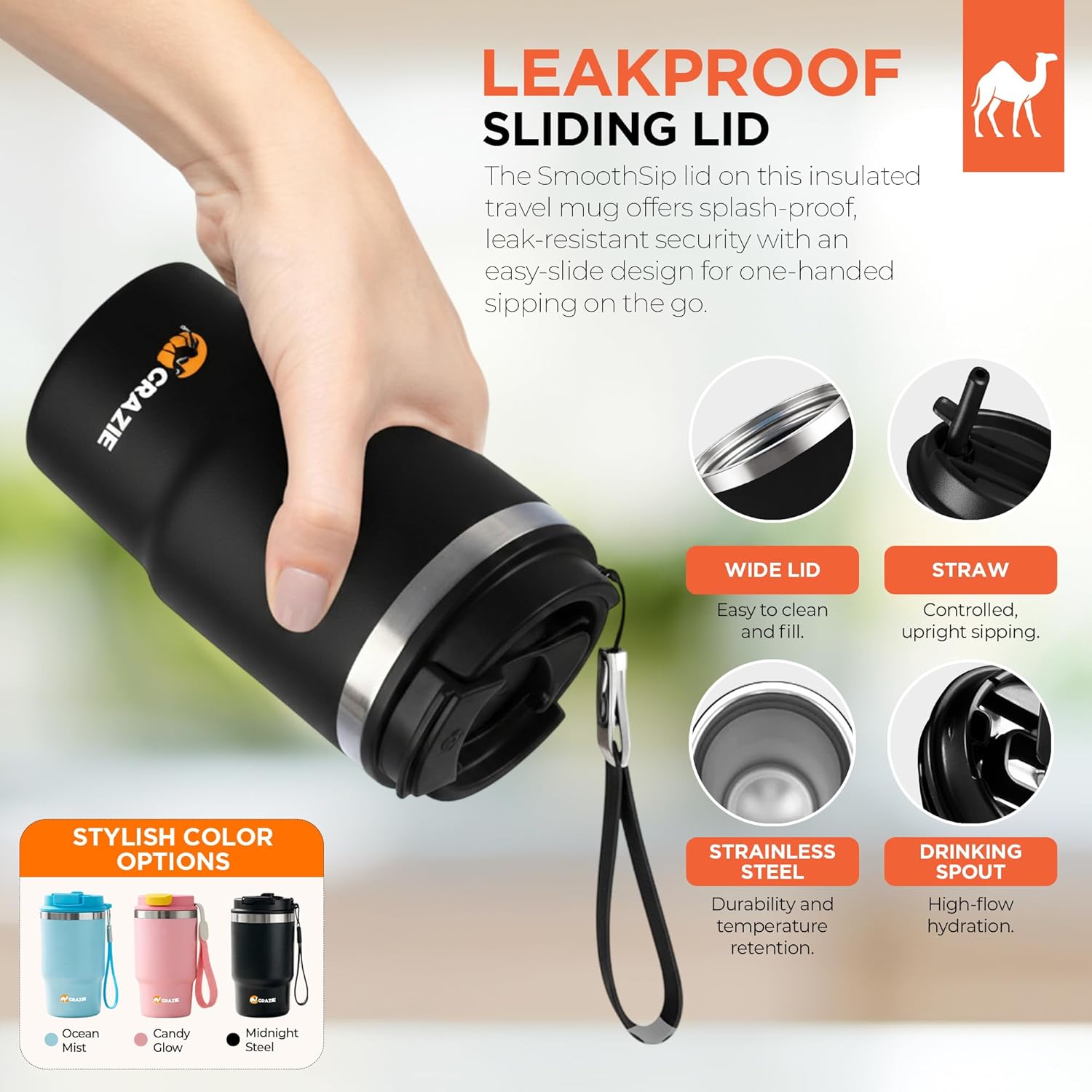 Grazie Insulated Stainless Steel Coffee Mug Travel Tumbler w/Flip Straw Lid & Handle – Double Wall Vacuum Thermal Cup for Hot Cold Drinks, Leakproof Reusable Portable Flask - 16oz - Midnight Steel - Image 3