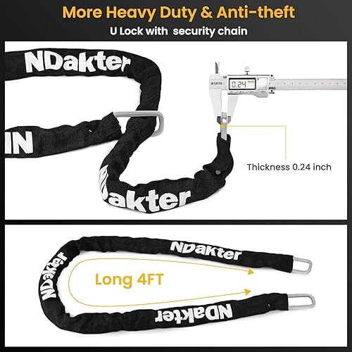 Miniatura 3 de NDakter Candados de bicicleta resistentes antirrobo, cerradura en U para bicicleta con cadena de 4 pies y soporte, candado eléctrico de bicicleta de