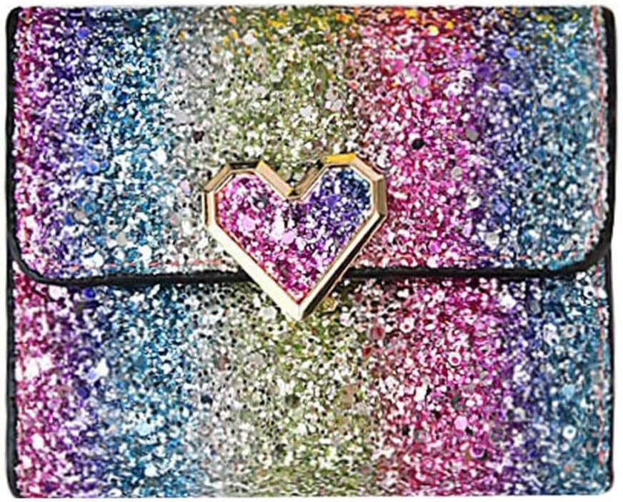 Metal Sequins Small Wallet PU Leather Patchwork Hasp for Women Girls (Heart)