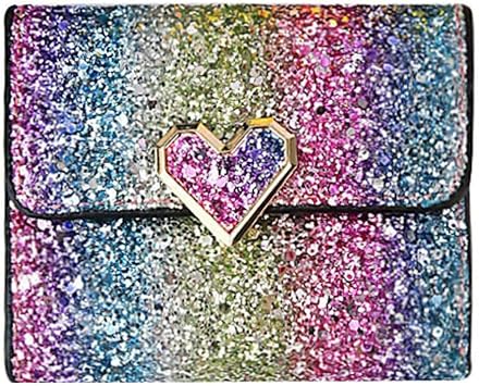 Metal Sequins Small Wallet PU Leather Patchwork Hasp for Women Girls Heart