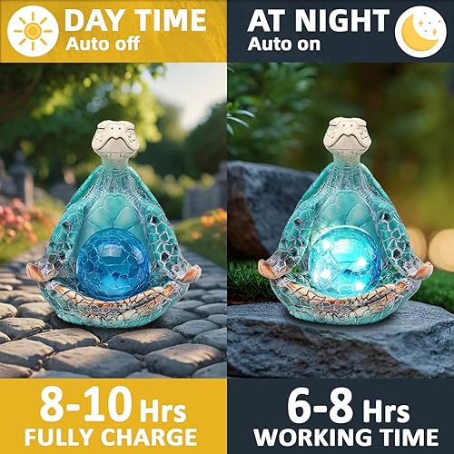 Miniatura 8 de Estatuas solares de decoración de jardín de 6.3 pulgadas, figuras de tortuga marina de resina con bola de vidrio con postura de yoga, decoración de