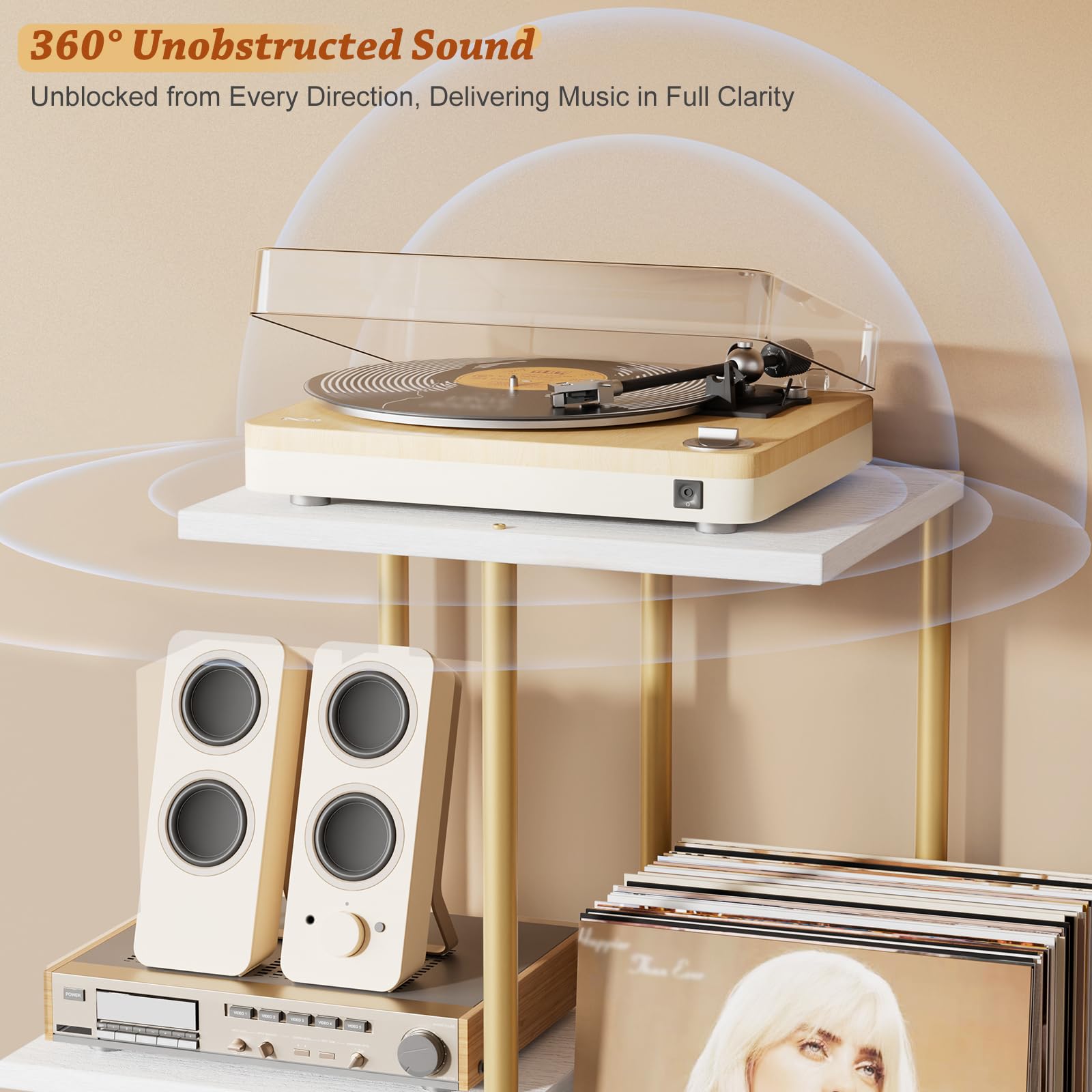 Bikoney Tavolo Porta Giradischi con Mobile per Dischi in Vinile - Oro | Consolle Alta in Legno per Soggiorno e Camera, Supporto per Giradischi Salvaspazio con Espositore e Organizer LP