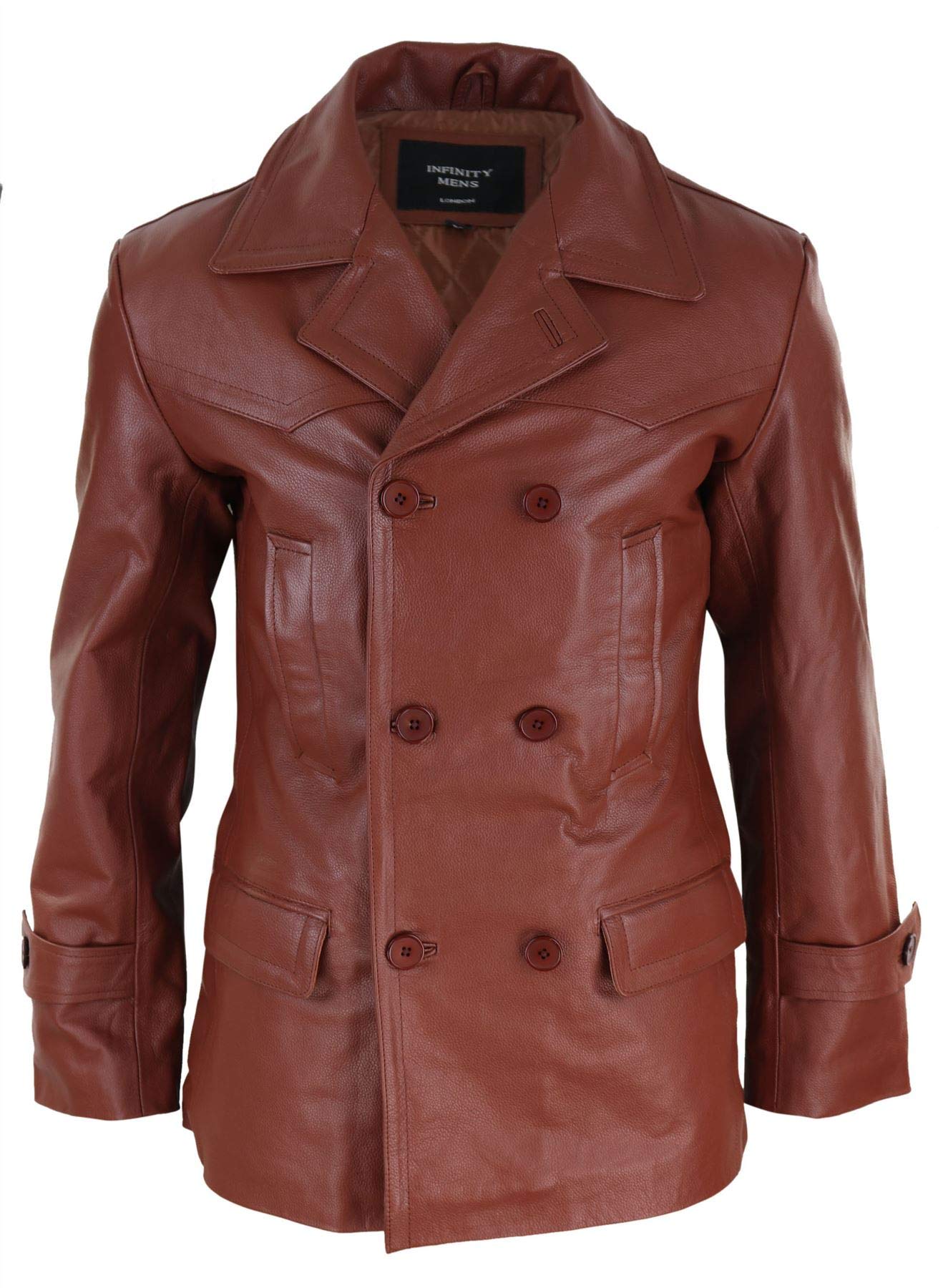 Infinity Leather Men's Cognac Real Leather 3/4 Double Breasted Pea Coat Sherlock Brown Sailor Classic - 3XL
