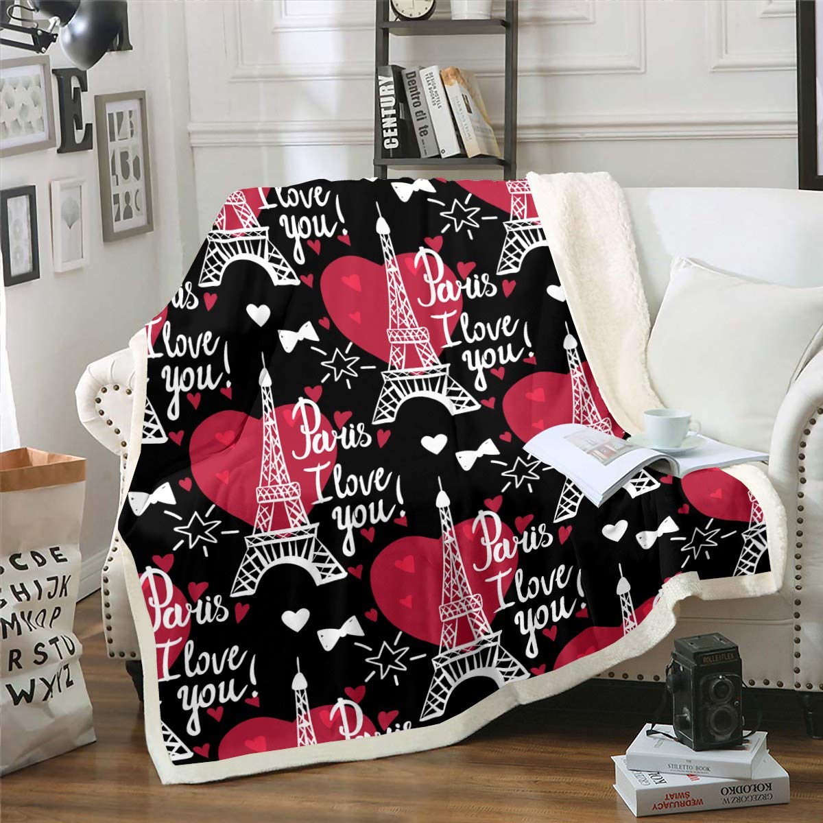 Loussiesd Eiffel Tower Sherpa Blanket Paris Cityscape Fleece Throw Blanket for Bed Couch Living Room Romantic Paris Theme Valentine'S Day King 87"*94" — image 1