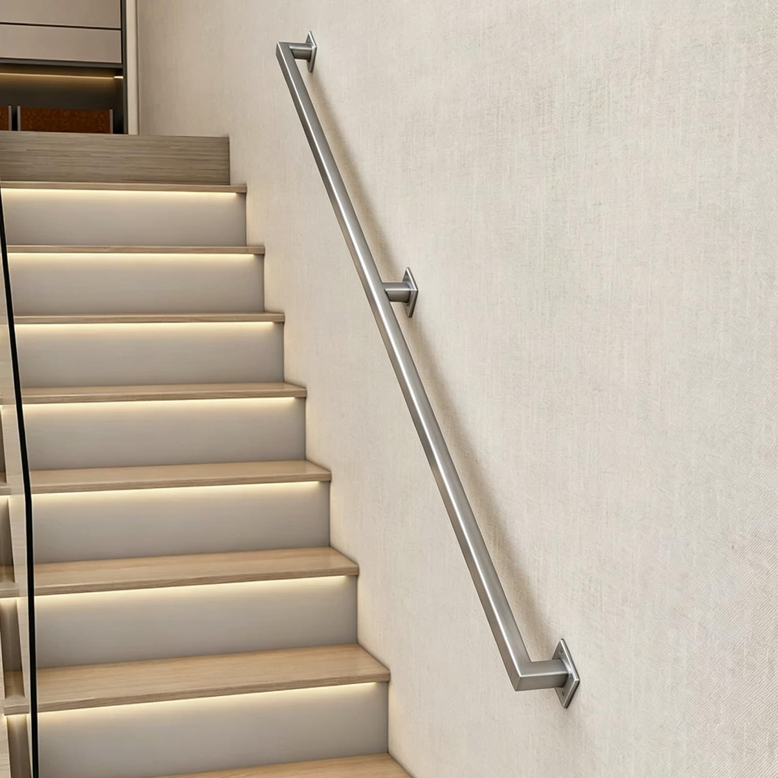 Hamankim One Color Silver Handrail For Stairs, 1M/2.8M/3M/3.5M/4M/4.2M Stainless Steel Banister Rail Support Grab Bar, Wall Mount Hand Rails For Home/Loft/Porch/Deck - Complete Kit(8Ft/2.4M)