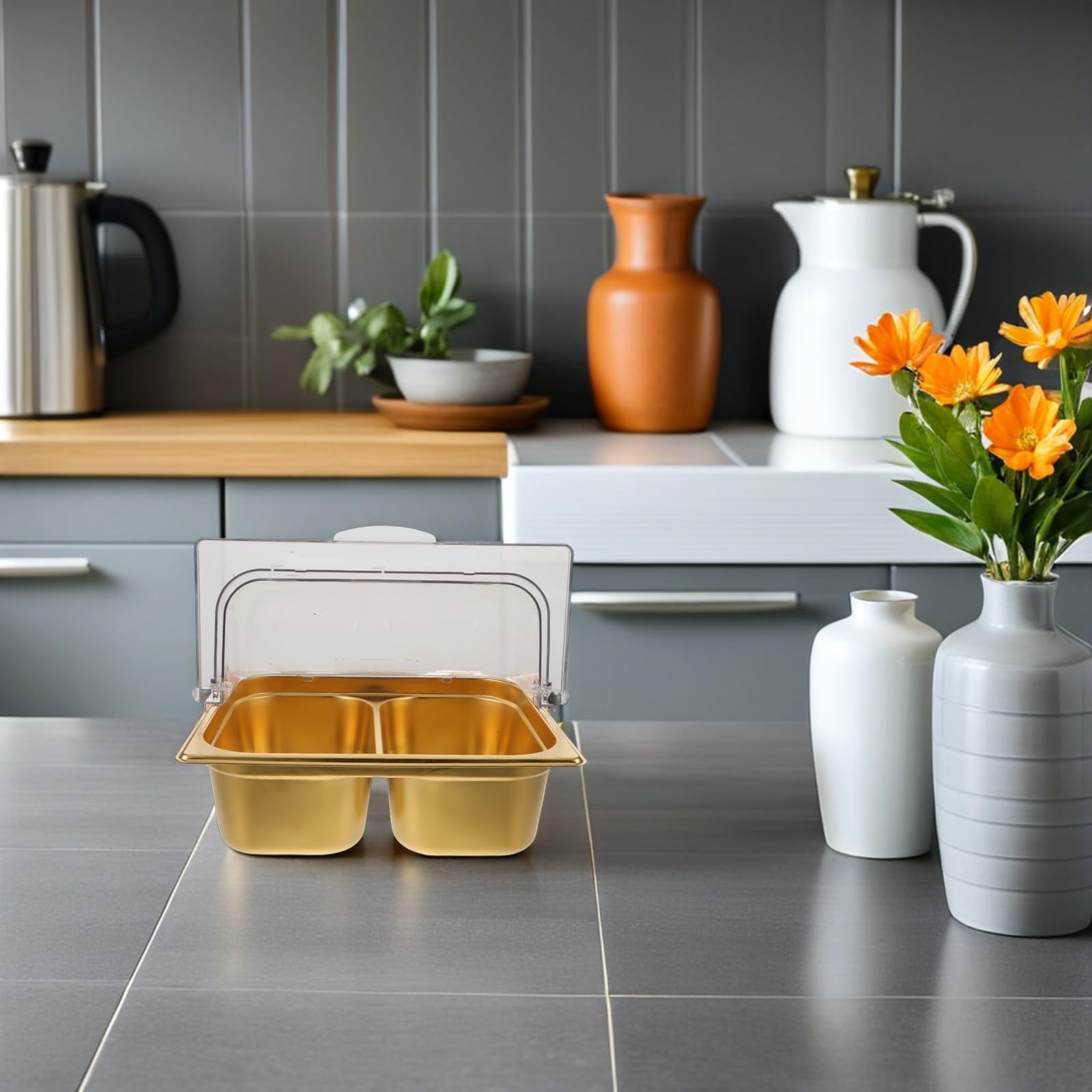 Plat de Service en Acier Inoxydable Double Compartiment pour Buffet | Finition Or, Séparation des Aliments, Nettoyage Facile, Usage Traiteur Cuisine Professionnelle
