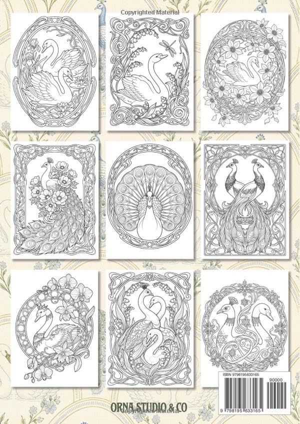 Art Nouveau Majestic Peacocks & Regal Swans: A Royal Bird Coloring Book for Adults: 50 Elegant Royal Bird Illustrations and Ornate Floral Patterns for ... Creative Mindfulness (Wings of Art Nouveau) image 3