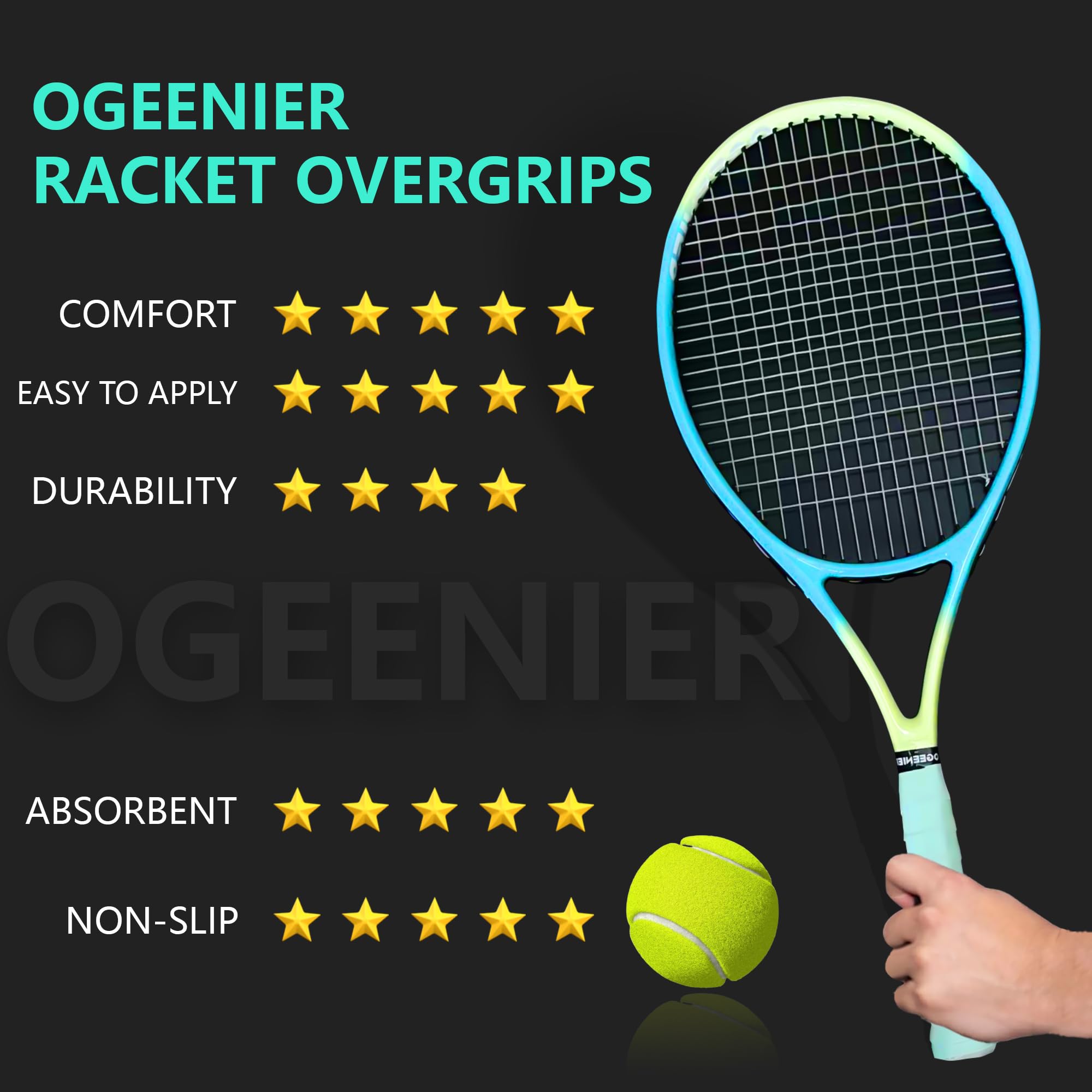 Ogeenier Lot de 12 Grips de Tennis Auto-adhésifs antidérapants et Anti-Transpiration pour Raquette de Tennis Overgrip Padel, Tennis, Badminton, Raquette de Squash