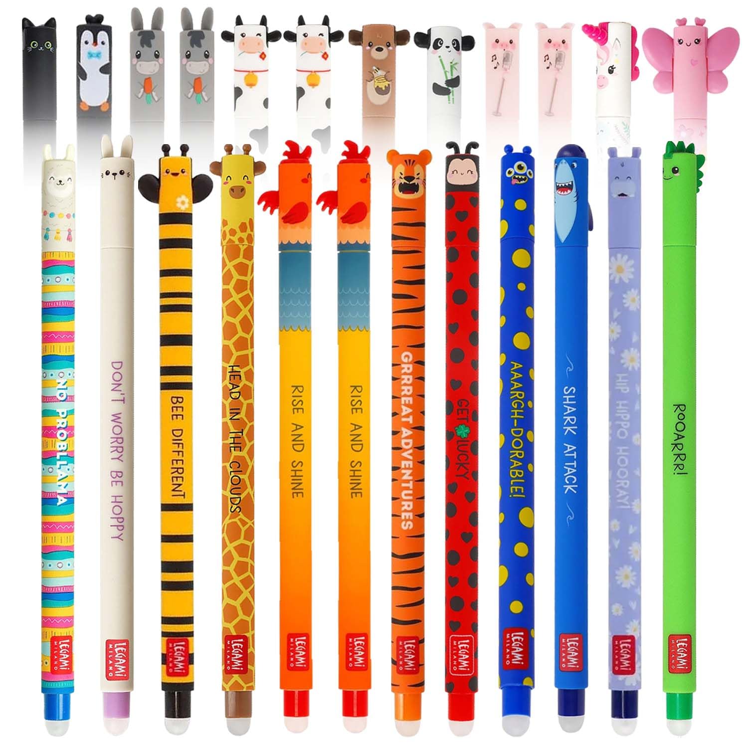 LEGAMI Set mit 24 radierbaren Gelstiften mit thermoempfindlicher Radiertinte, verschiedene Tintenfarben und Schaftdesigns, 0,7 mm Spitze, Tierfarm-Hof-Designs