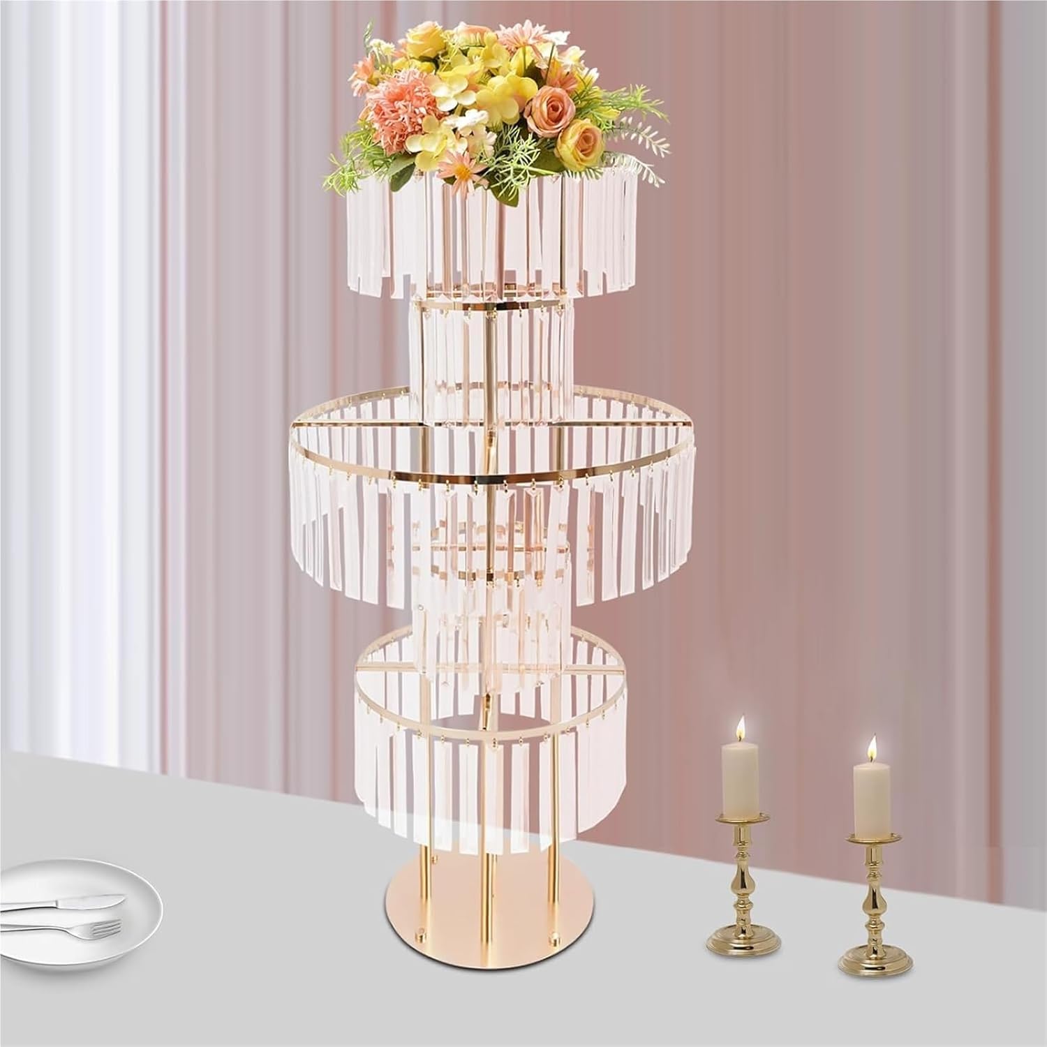 5 Tier Crystal Flower Vase Wedding Props, Circular Flower Stand, Flower Arrangement, Main Table Decoration, Crystal Pendant, Stage Guide Acrylic Hanging Chandelier Pedestal