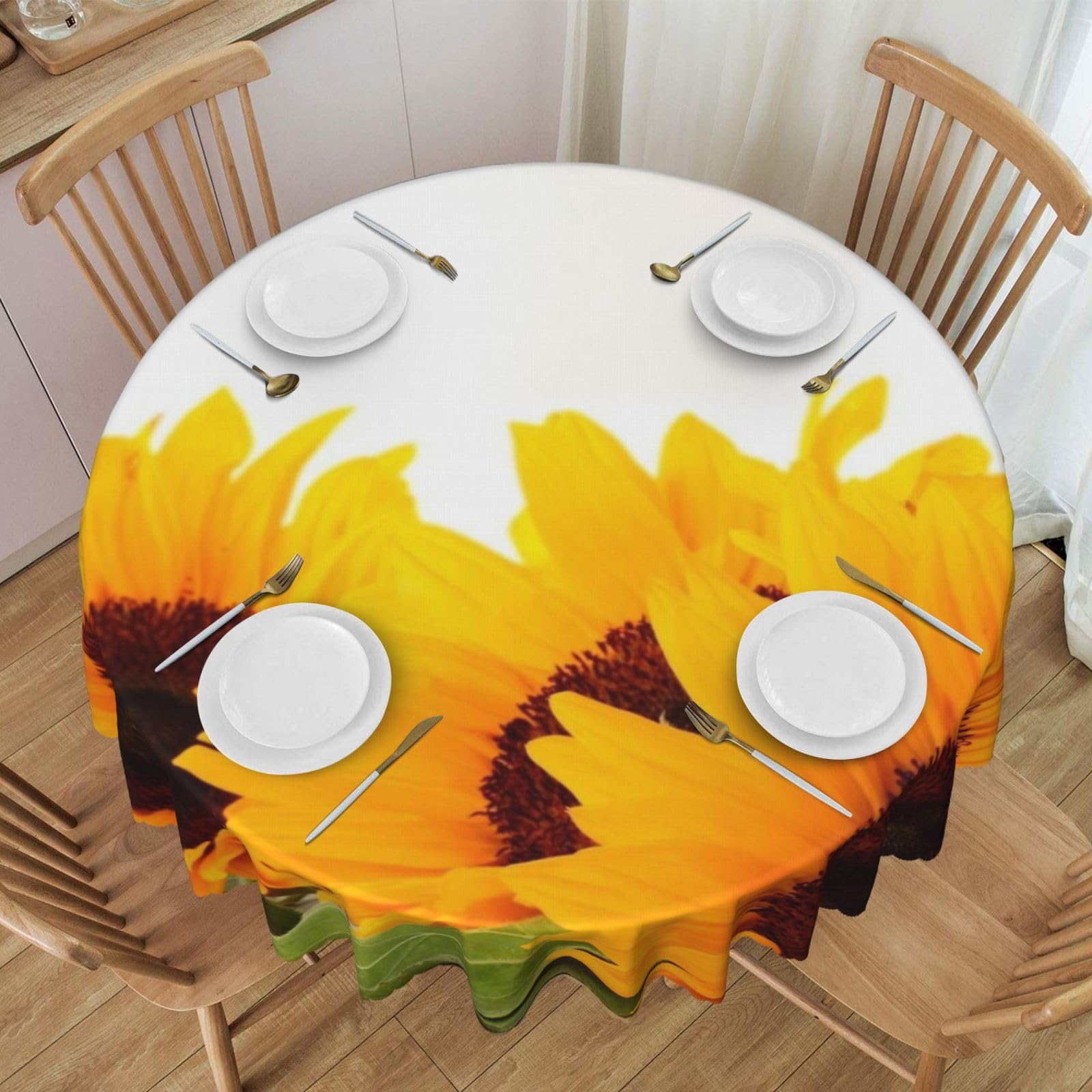 DCEHGEW 60 In Round Tablecloth with Lace, Sunflower on Wooden Printed Oilproof & Washable Fabric Picnic Table Cloth Table Covers