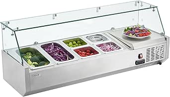 VEVOR Refrigerated Condiment Prep Station, 130 W Countertop Refrigerated Condiment Station, with Two 1/3 Pans & Four 1/6 Pans, 304 Stainless Body and PC Lid, Sandwich Prep Table with Glass Guard