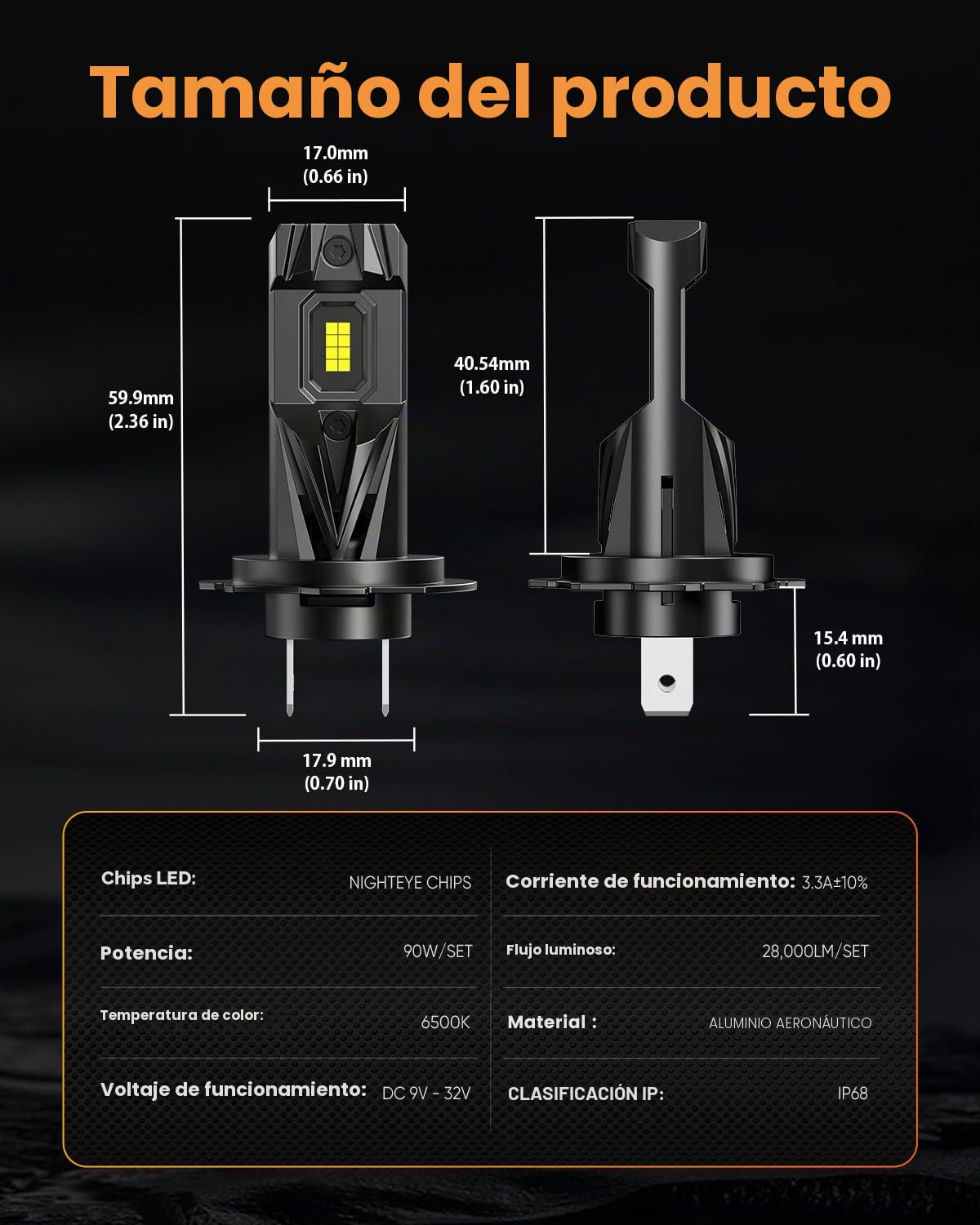 NIGHTEYE Bombilla LED H7 para faros delanteros – Tamaño 1:1 Plug and Play H7, 30000LM 6500K blanco frío súper brillante, IP68 impermeable, paquete de 2