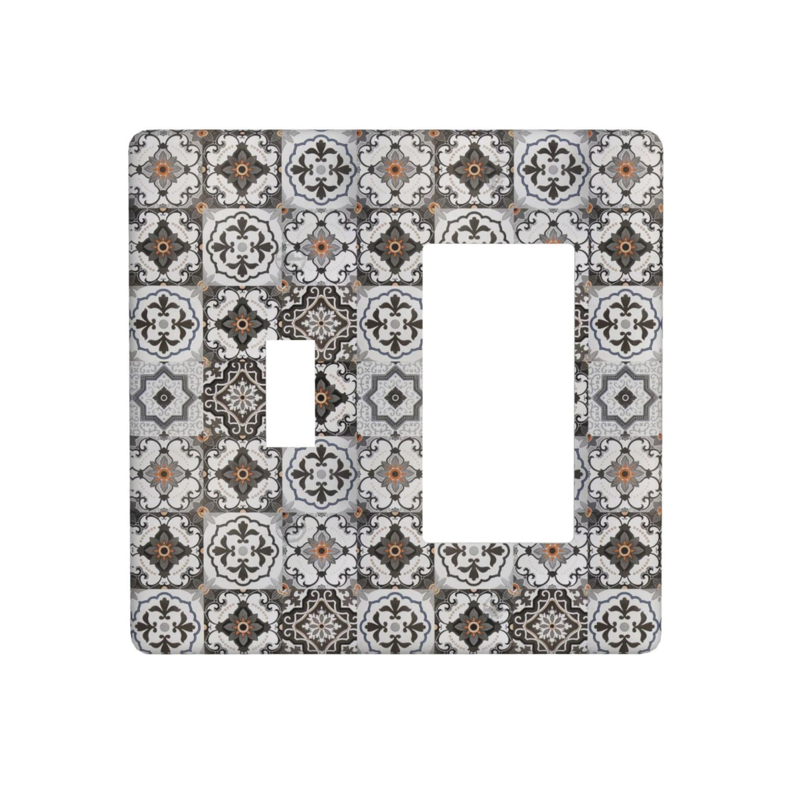 Thsanju Boho Tile Gray Mexican Talavera Ceramic 2 Gang Combination Light Switch Covers Plates Decorative Toggle Rocker/Decora Wall Plate Covers Electrical Receptacle Switchplate for Bathroom Decor