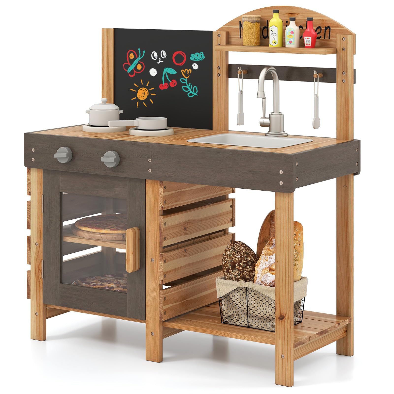 RELAX4LIFE Cucina Giocattolo per Bambini, Cucina in Legno con Lavagna, Fornelli, Lavandino, Forno e Utensili da Cucina, Giocattolo Educativo per Bambini 3+ Anni