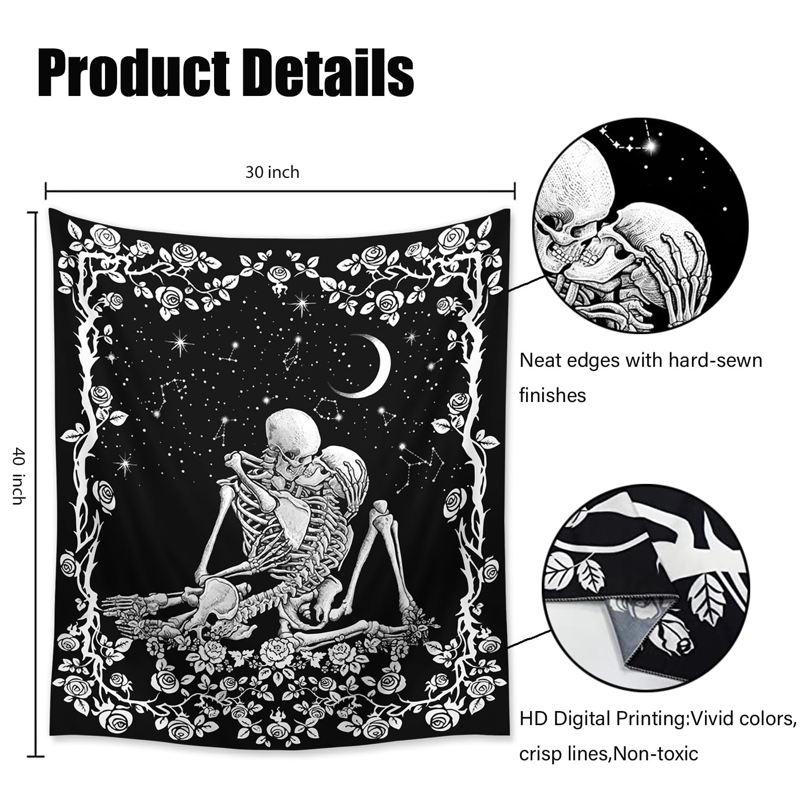 Wonrizon The Kissing Lovers Skull Tapestry,Black and White Romantic Constellation Skeleton Tapestries Wall Hanging decor for Living Room Bedroom (30”x 40”)