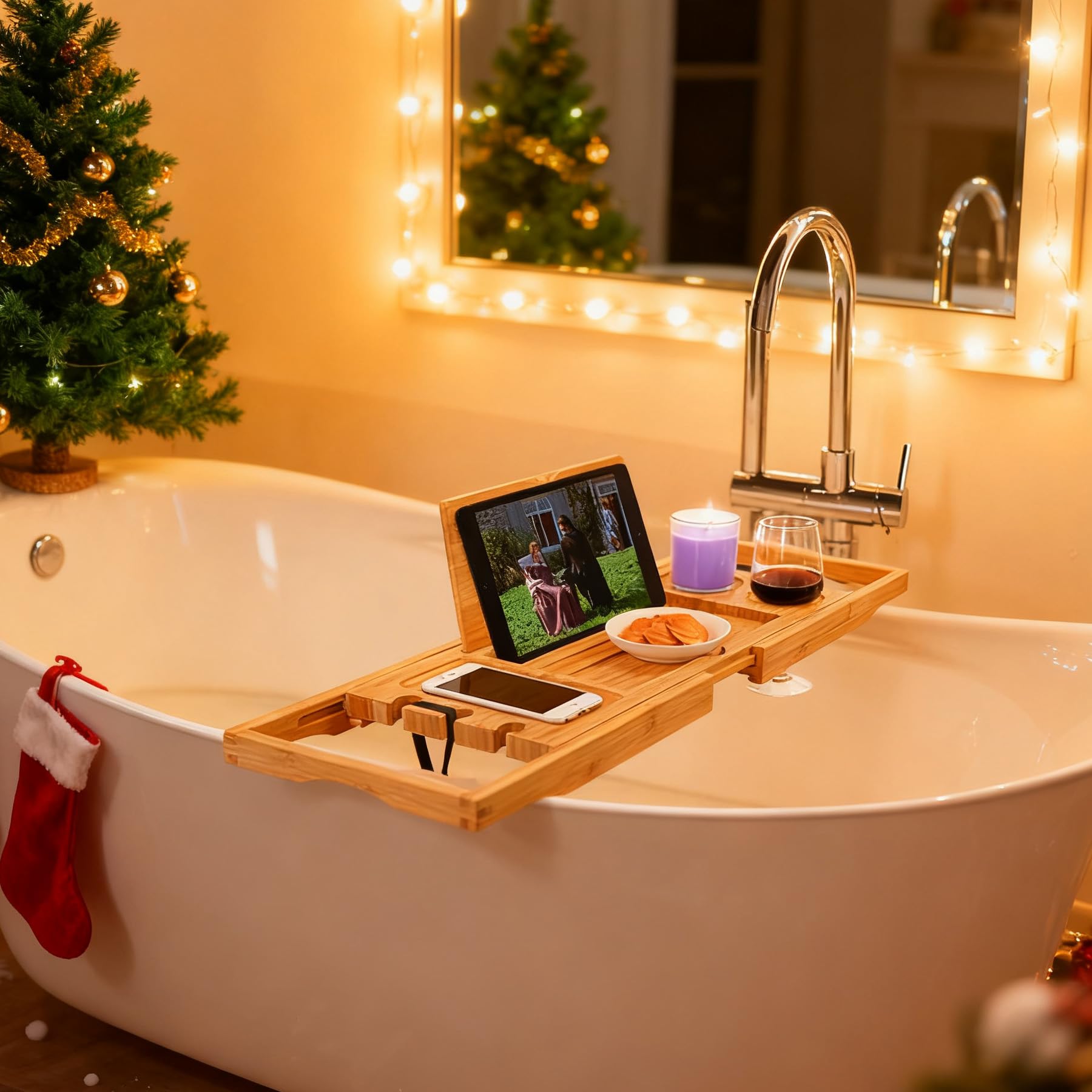 Utoplike Bandeja para bañera, Estante Plegable para el Cuarto de baño, Soporte de bambú para la bañera para Libros y Copas de Vino, Accesorios de Lujo para Ducha y SPA
