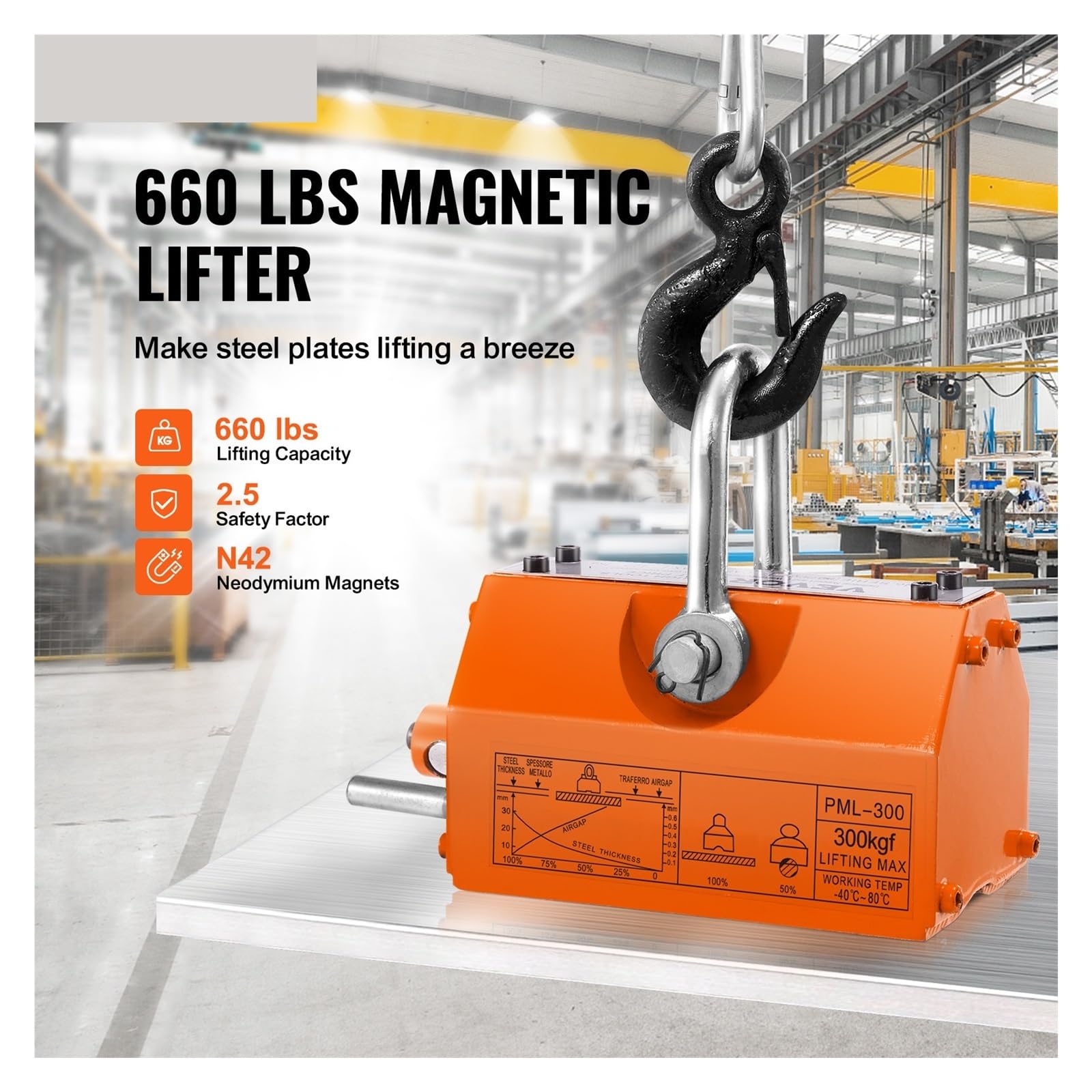 Sollevatore Magnetico Permanente Da 100 Kg A 2000, Capacità Di Trazione, Fattore Sicurezza 2,5, Magnete Sollevamento In Neodimio E Acciaio,Campo Pronto(100 Kg)