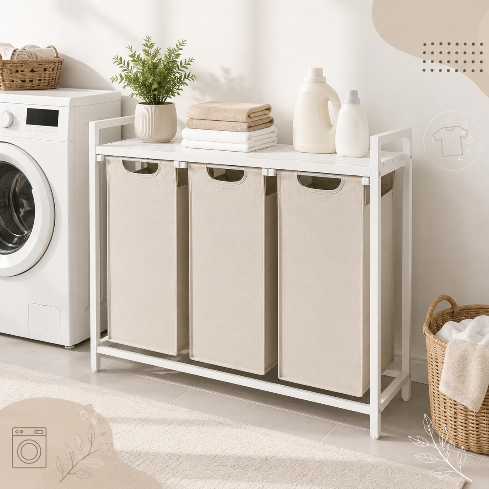 Wäschesammler 3 Fächer 114 L, Wäschekorb mit Ablage, 3 x 38 L, Sortierkorb aus Stoff, MDF und Metall, Weiß mit beigen Fächern, 92,5 x 33 x 71 cm