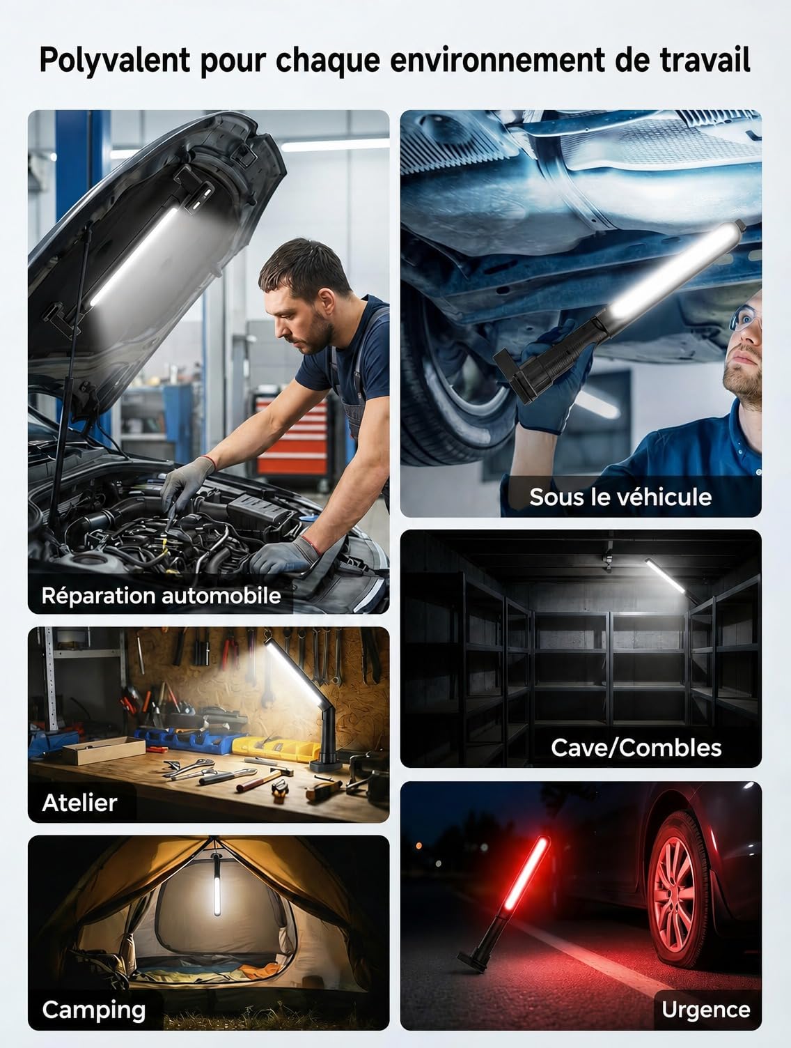 Lot de 2 Lampes de Travail LED pour Capot, 3000 lm, Magnétiques, USB-C, Batterie 5200 mAh, Rotation 360°, Crochets et Pinces, Éclairage Moteur, Garage, Réparation Auto, Noir | Lampe de travail connectable 2 en 1 4400 mAh pour compartiment moteur de voitur