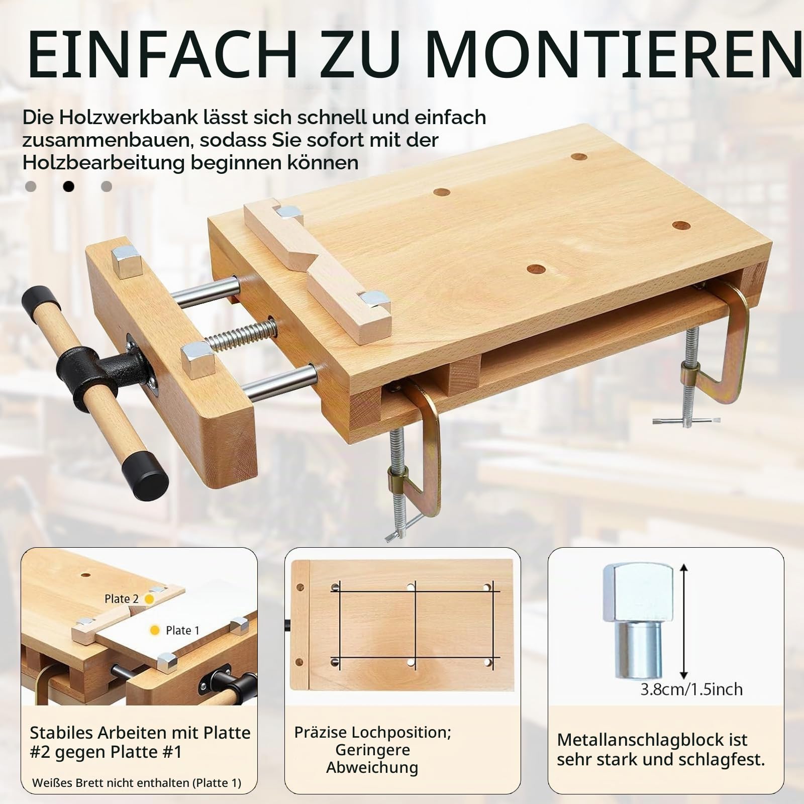 Tragbare Hobelbank, Mobile Werkbank 53x28x7 cm, Mini Werkbank aus Buchenholz Mobil Holz Schraubstock Workbench Arbeitstisch Werkstatt, Werktisch Holz für Klemmen und Hobeln