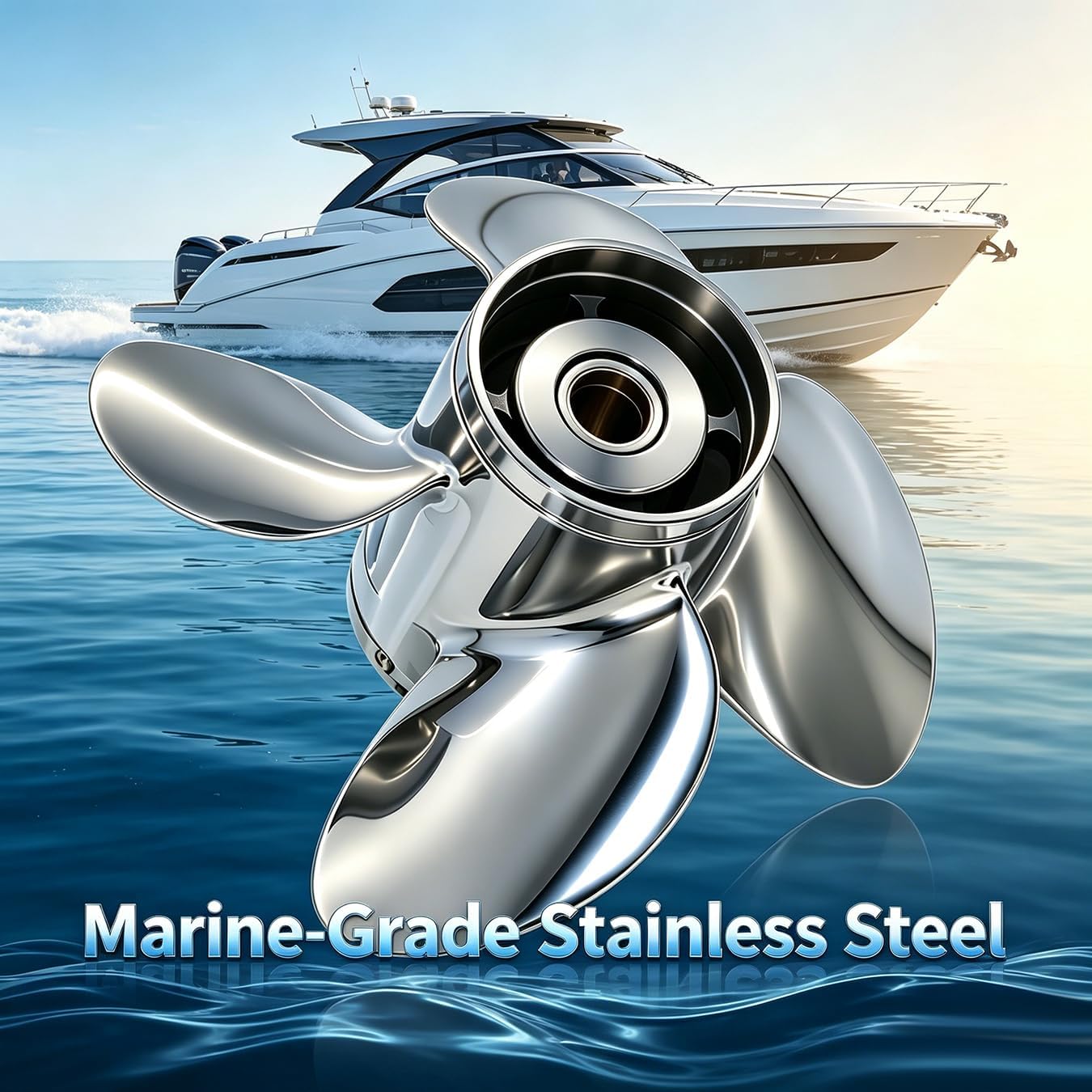 Outboard 4 Blade Propeller 13 1/2" 13 1/4" 13" diameter, 13" 15"17" 19" 21" Pitch, Pressed-in Hub, Stainless, 15 Splines, design for Mercury 40 50 60 65 70 75 80 90 100 115 125 140 150hp Outboards