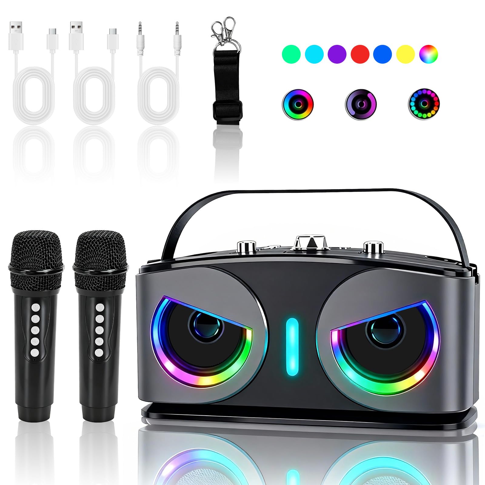 Tragbare Karaoke Maschine, Karaoke mit 5.3 Bluetooth Lautsprecher | Mit 2 kabellose Mikrofone, LED-Lichter, Radio USB TF Karte AUX Port, Lautsprechersystem