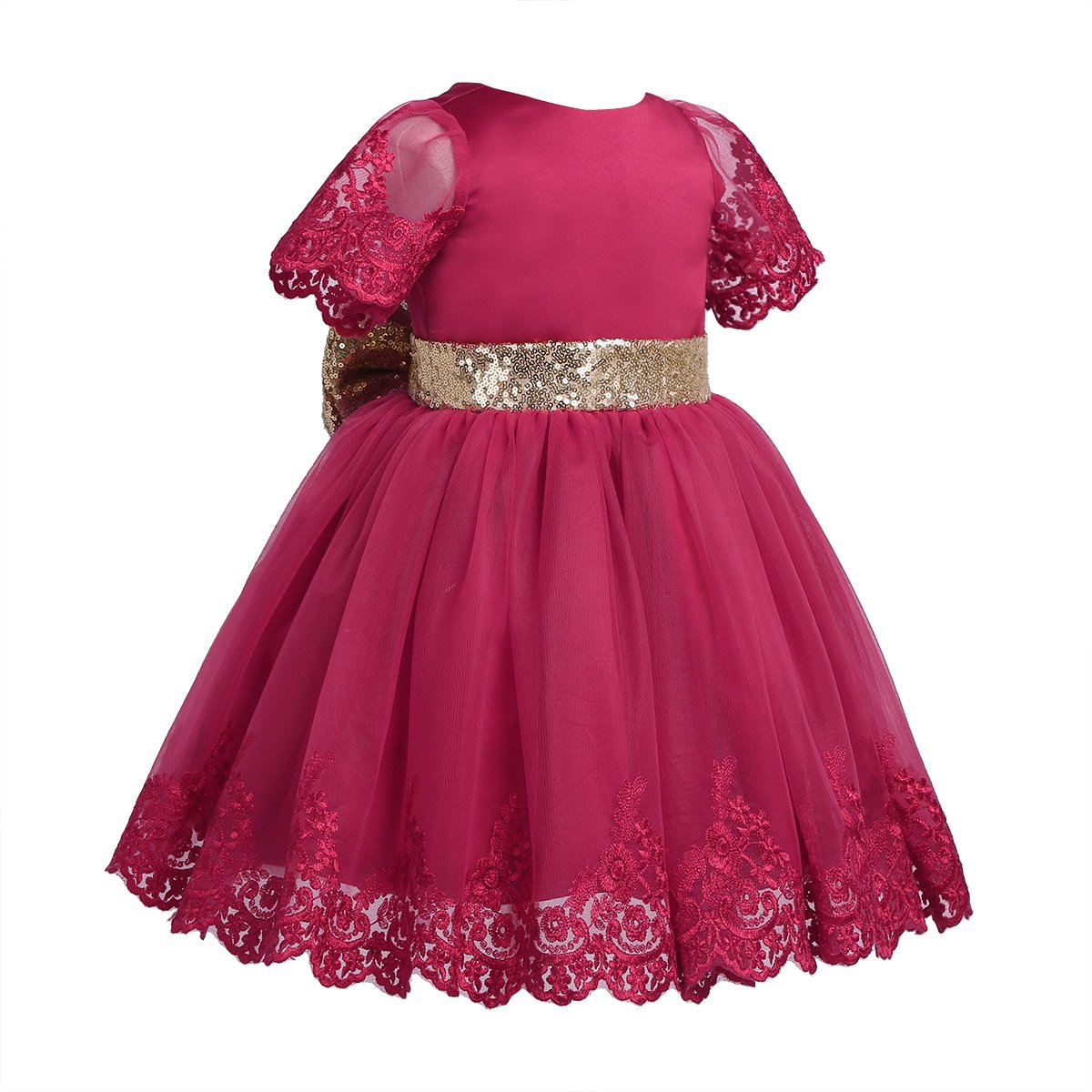 easyforever Infant Baby Flower Girls Short Sleeve Bowknot Back Princess Dress Birthday Party Baptism Ball Gown Burgundy 12-18 Months