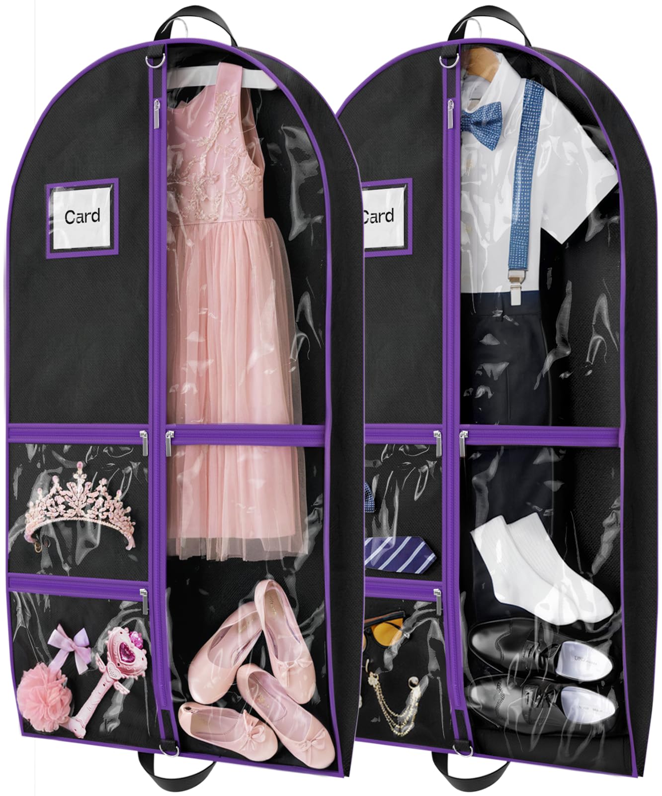 2Pack Dance Garment Bags for Dancers 40 Garment Bags for Hanging Clothes with 3 Clear Zipper Pockets Cheer