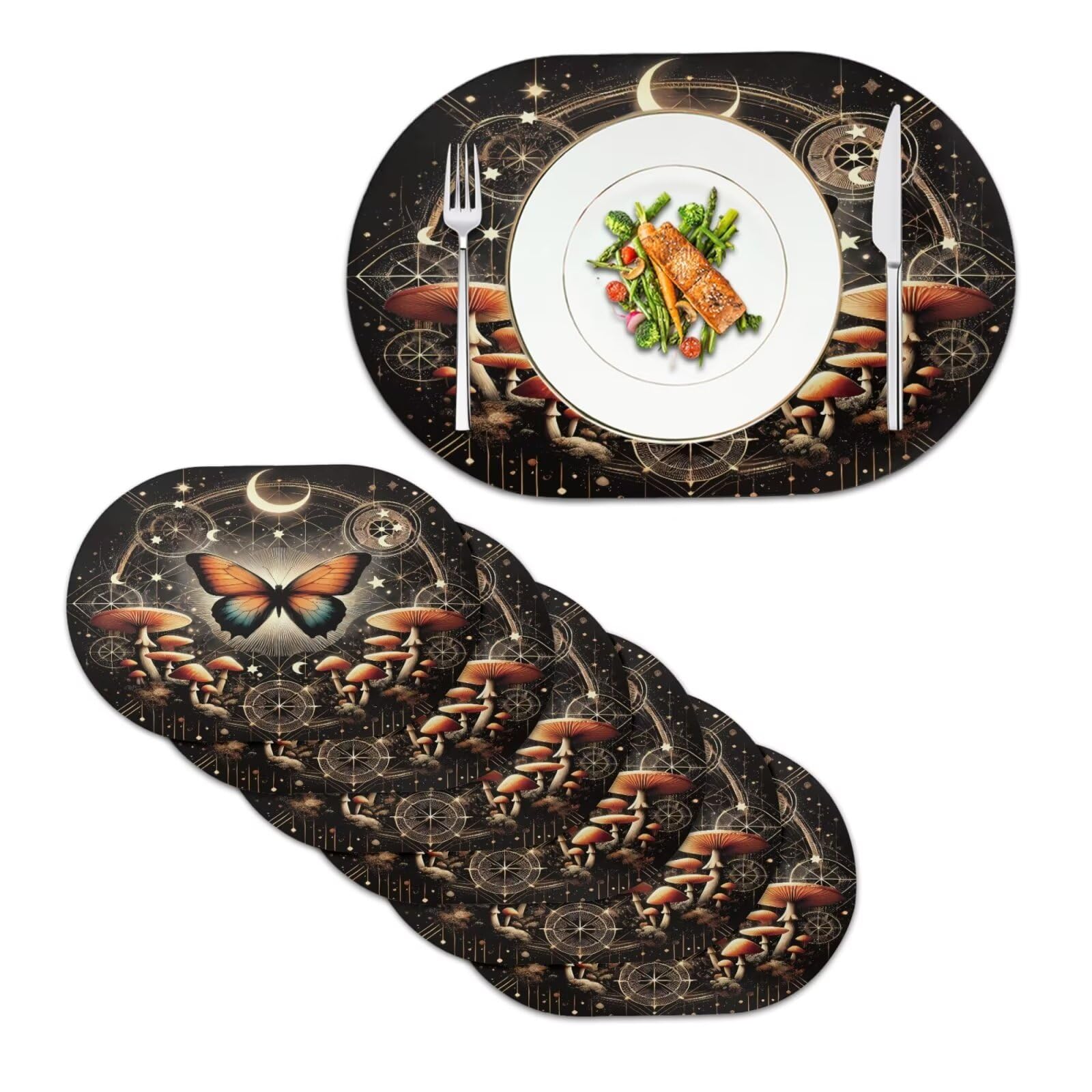 Poceacles Set di 6 tovagliette in finta pelle, resistenti al calore, antimacchia, antigraffio, ovali, 46 x 31 cm, per cucina, tavolo da pranzo, decorazione, farfalla, fungo, luna, stella